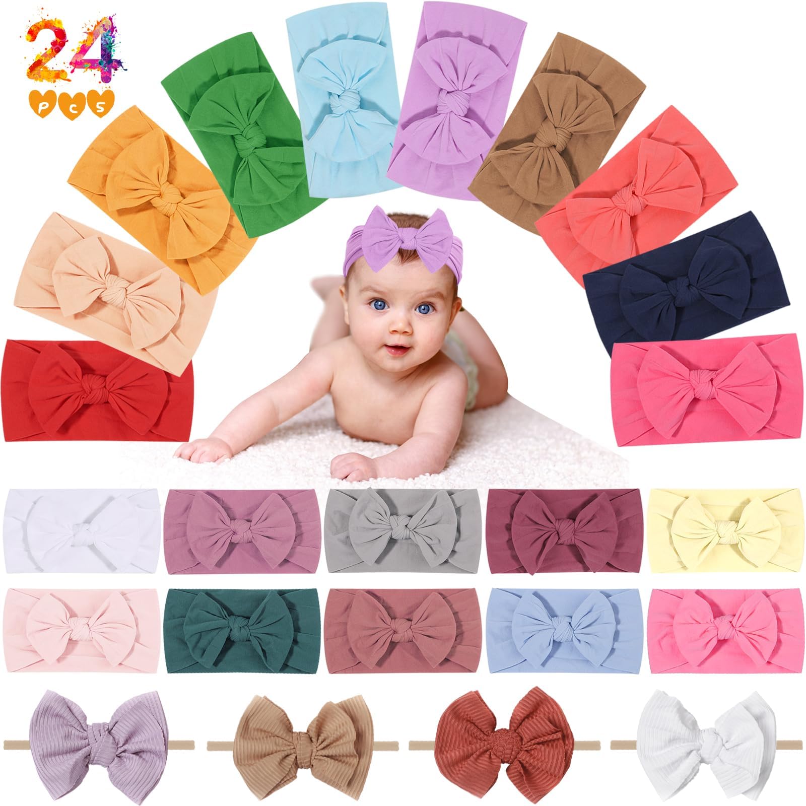 24 PCS Baby Headbands Hair Bows Hairbands Elastic Turban Knotted Hair Accessories for Baby Girls Newborn Infant Toddlers Kids