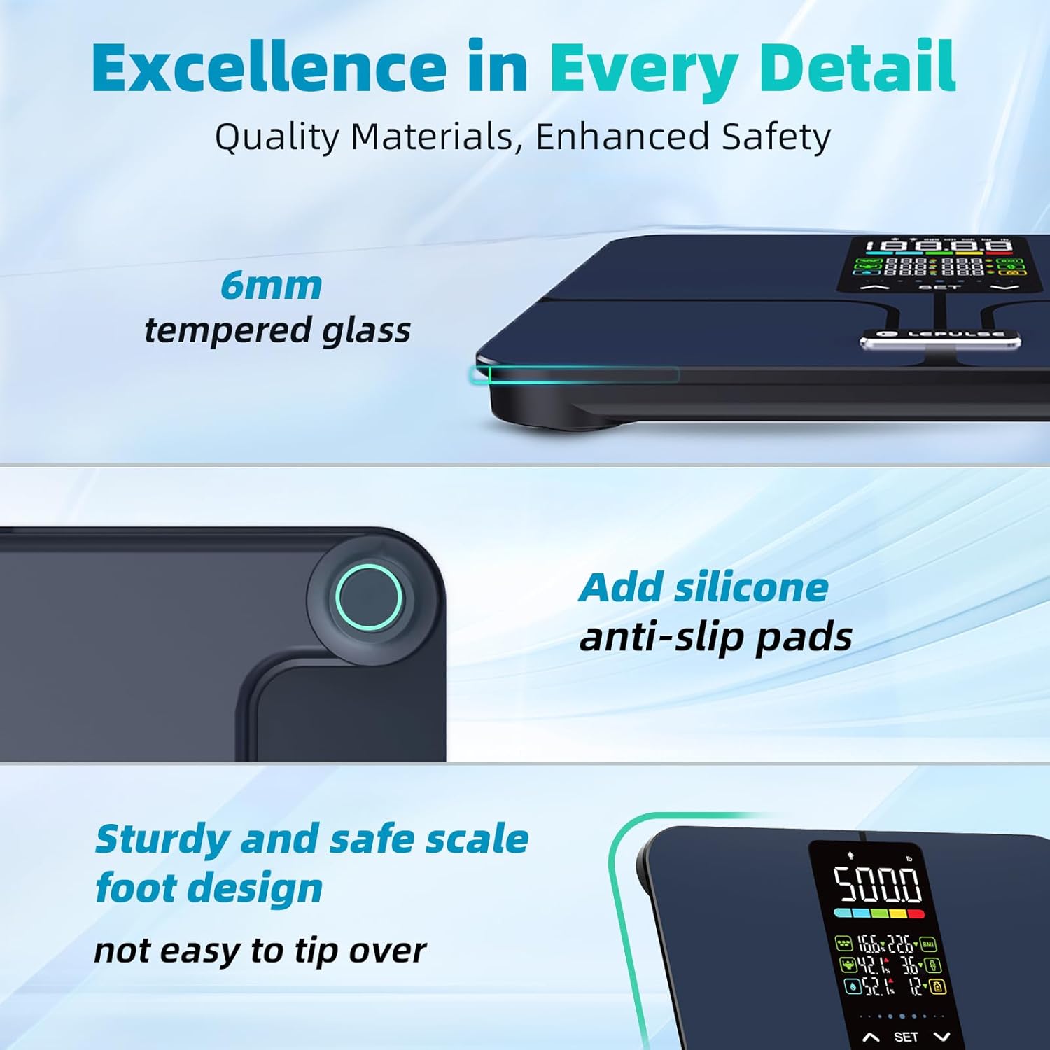 Lepulse scale showing 6mm tempered glass and anti-slip pads