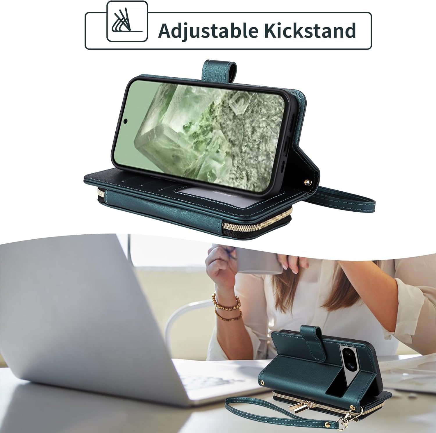 Wallet Case for Google Pixel 6A 5G 2022 with Detachable Wrist Strap, 9+ Card Slots Zipper Purse, Luxury PU Leather Stand Full Body Accessories Cell Phone Cover for Pixel6A A6 Women Girls Green
