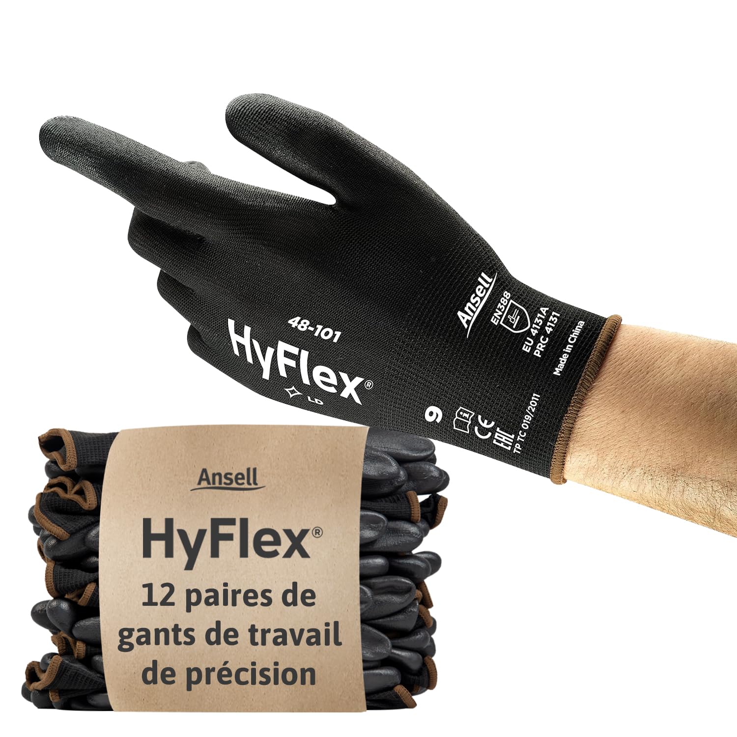 Ansell HyFlex 48-101 Gants de Travail Ultrafins, Nylon Extensible avec Enduction Polyuréthane, Protection Multiusage Haute Précision, Bricolage et Mécanique, Noir, Taille L (12 Paires)