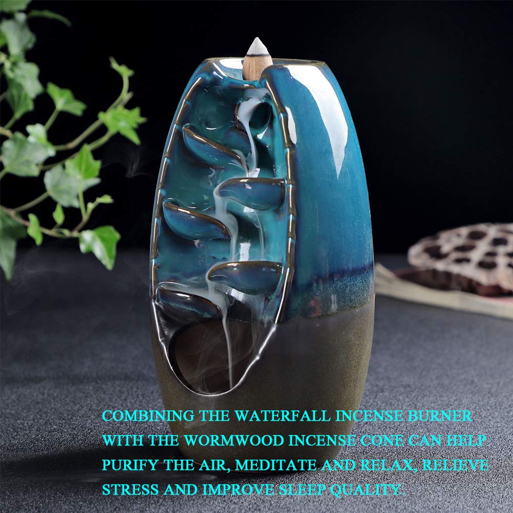 Bruciatore incenso riflusso, ornamenti di incensiere a cascata, decorazioni in ceramica blu aromaterapia, decorazioni per la casa in stile retrò, con 40 tubi di incenso + 1 cuscino + 1 pinzetta