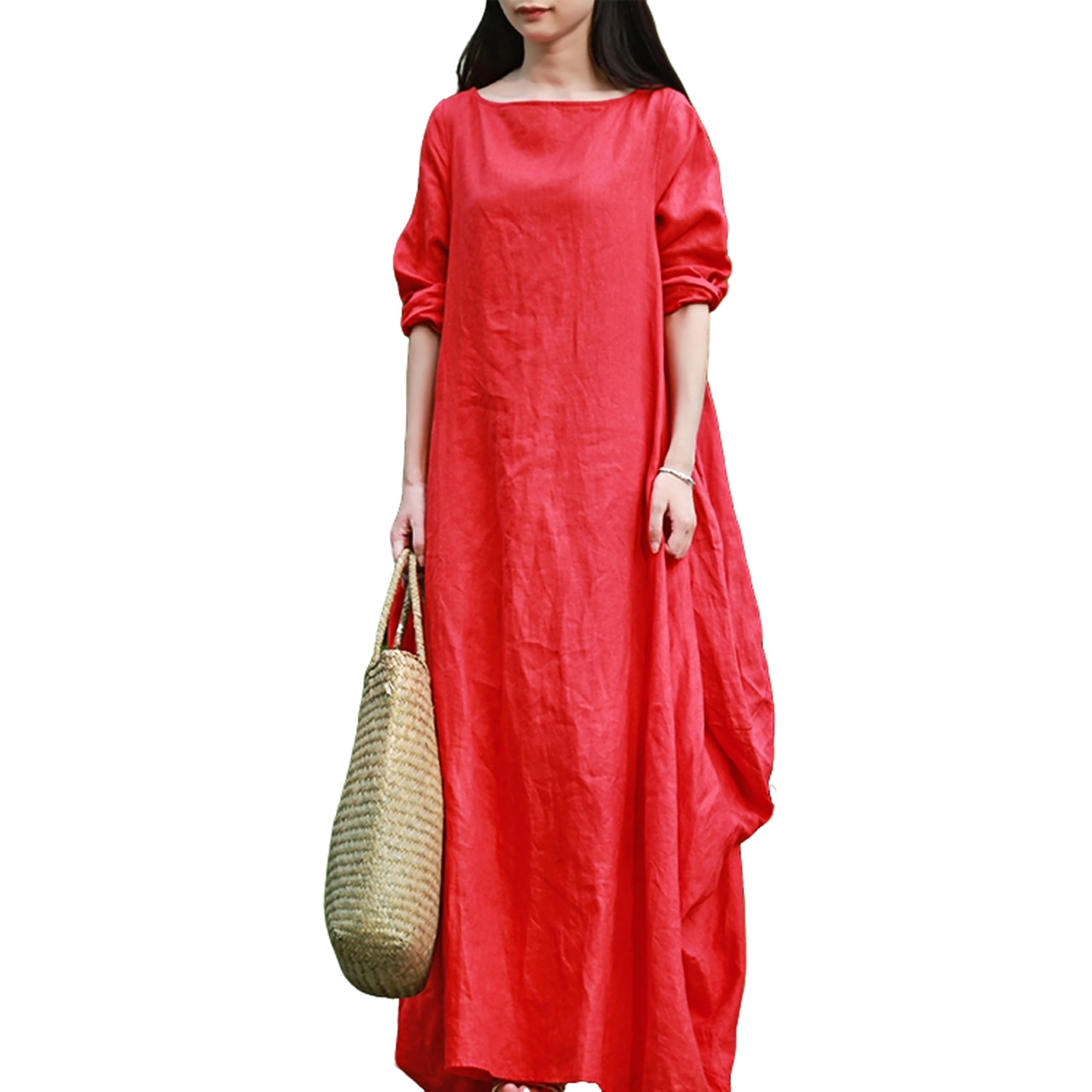 Photo 1 of Women's 2025 Spring Linen Long Dress with Long Sleeve Maxi Dress Casual Loose Fitin Solid Color Pockets (US, Alpha, Large, Regular, Regular, Red)