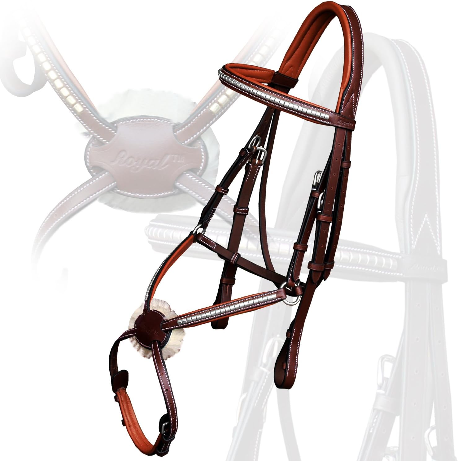 Exion Premium English Leather Figure 8 Bridle with Silver Clincher Noseband & Browband | Soft Padded Anatomical Crown Piece | Rubber Reins | Adjustable Fit | Jumping, Hunter, Eventing