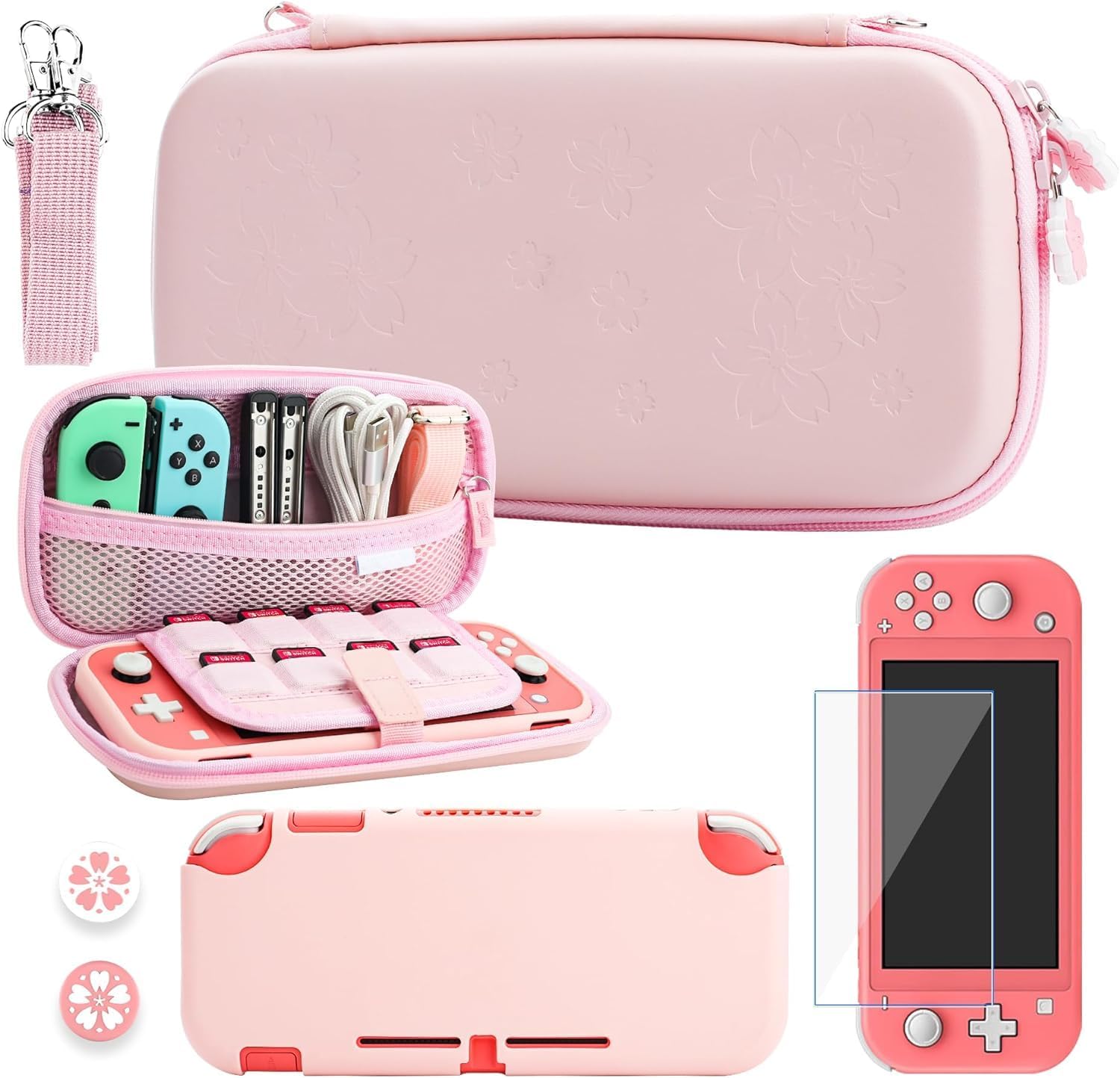 Cherry Blossom Carrying Case for Nintendo Switch Lite, Potable Storage Case for Switch Accessories with Protective Case, Screen Protector, Adjustable Shoulder Strap and 2 Thumb Caps (Pink)