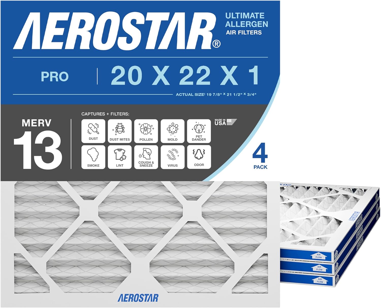 Aerostar 19x21x1 MERV 13 Pleated Air Filter, Allergen and Bacteria Defense (4 Pack), Actual Size: 19.88x21.5x0.75