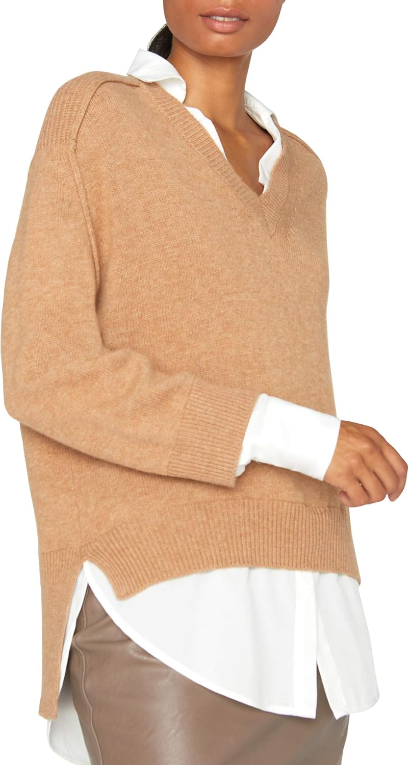Brochu Walker The Looker Layered V-Neck Sweater - Long Sleeve Warm Sweaters for Women, Oversized Wool & Cashmere Pullover