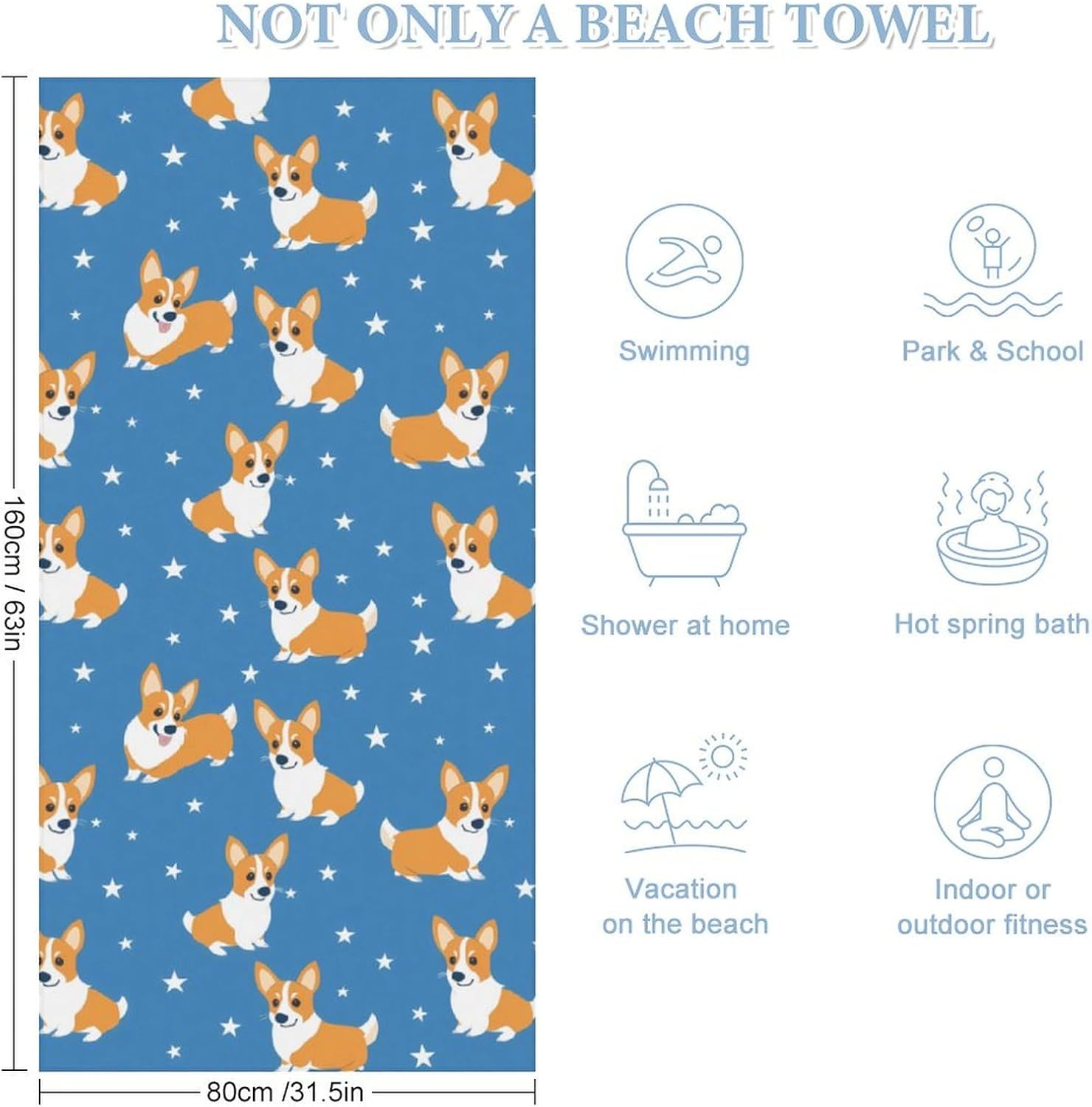 Cute Corgi Bath Towel Beach Towels Quick Dry Oversized Bath Blanket Highly Absorbent Towel for Women Men 160x80cm