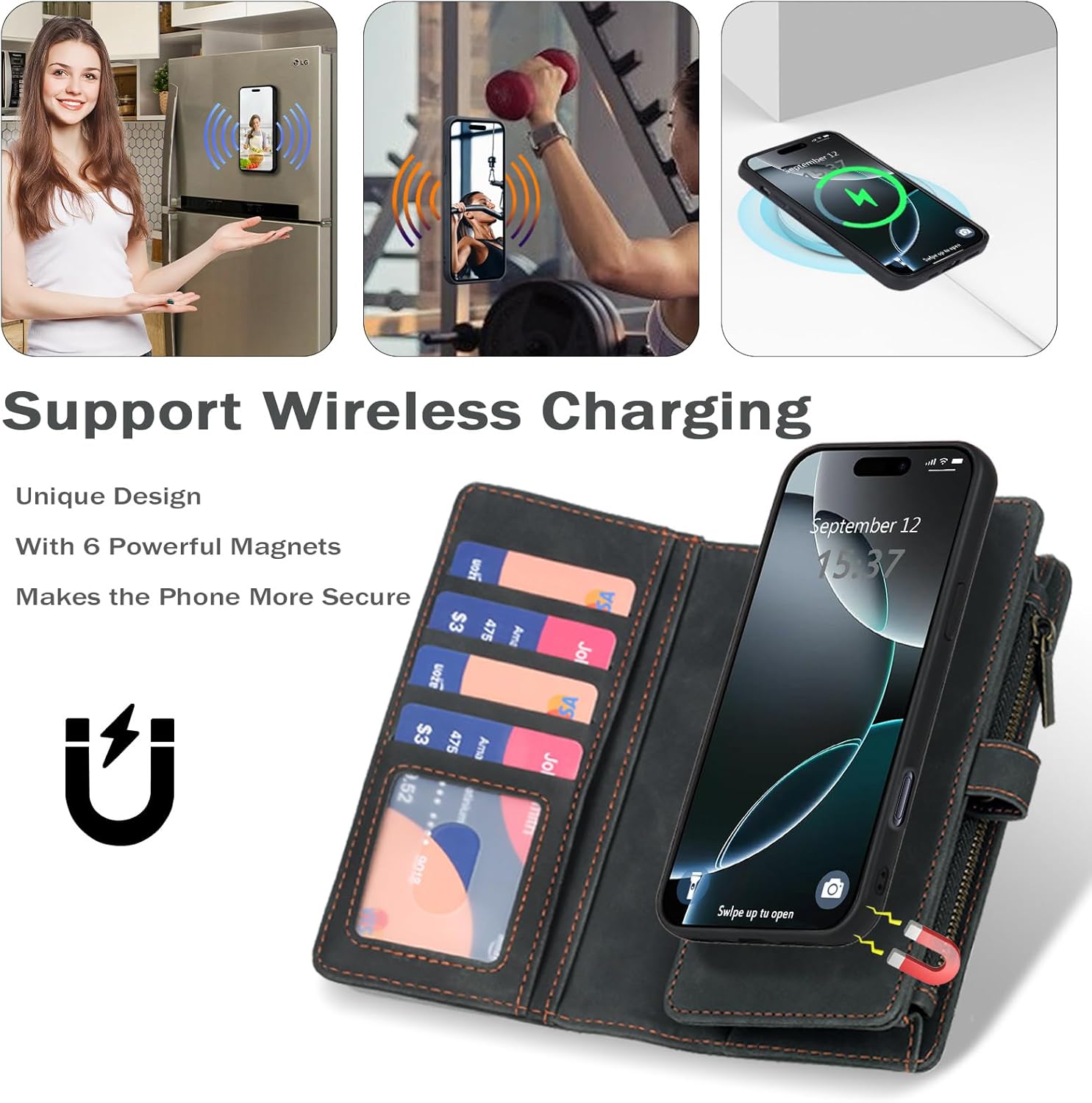 TwoHead Wallet Case Compatible with iPhone 16 Pro Max,Detachable Magnetic Phone Case,PU Leather All-Round Protective Case Wallet with Card Holder/Change Pocket,6.9 in,Black - Image 3