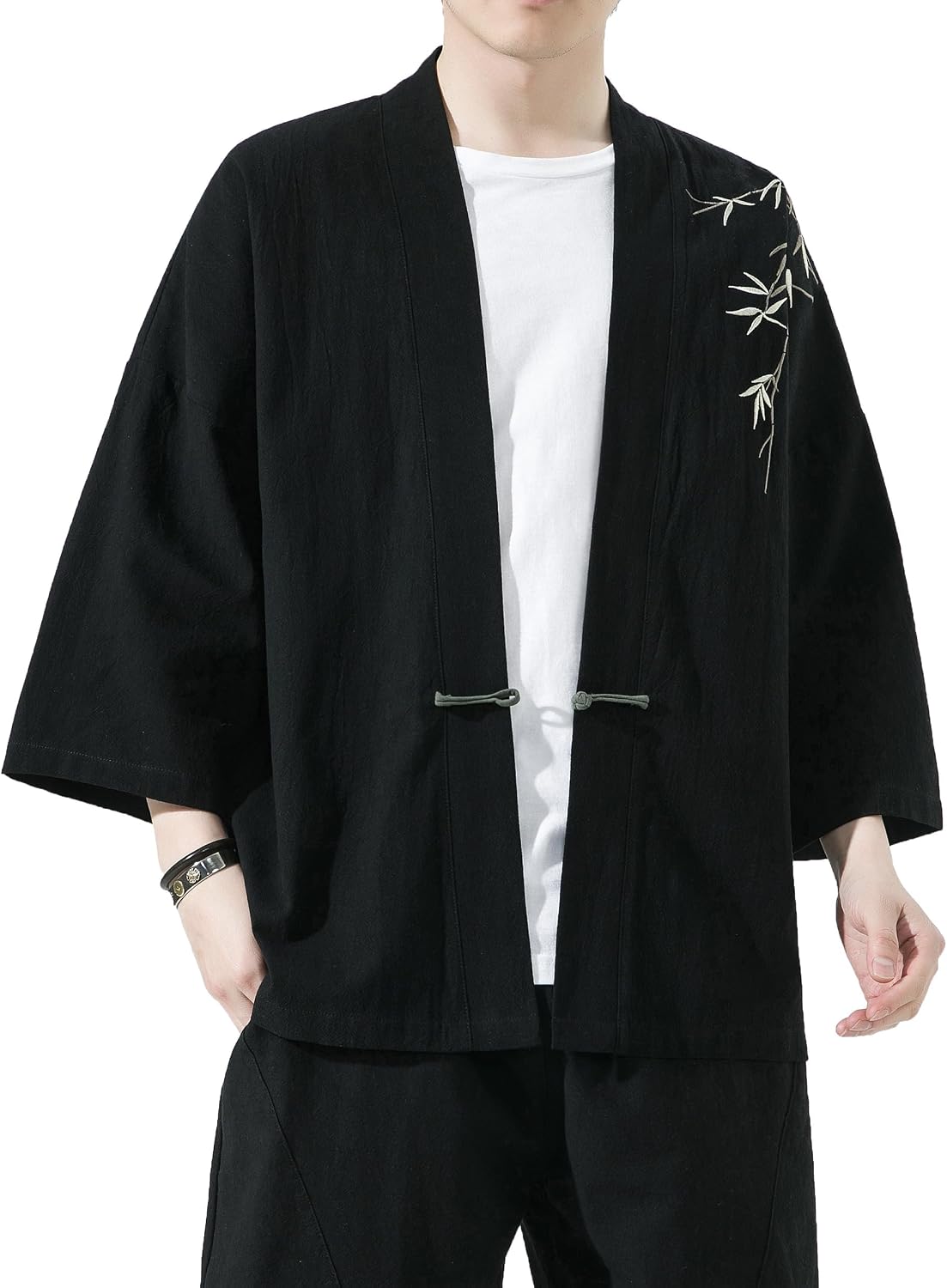 PRIJOUHE Men's Japanese Style Kimono Cardigan Jacket Cotton Blends Linen Seven Sleeves Solid Color Open Front Coat