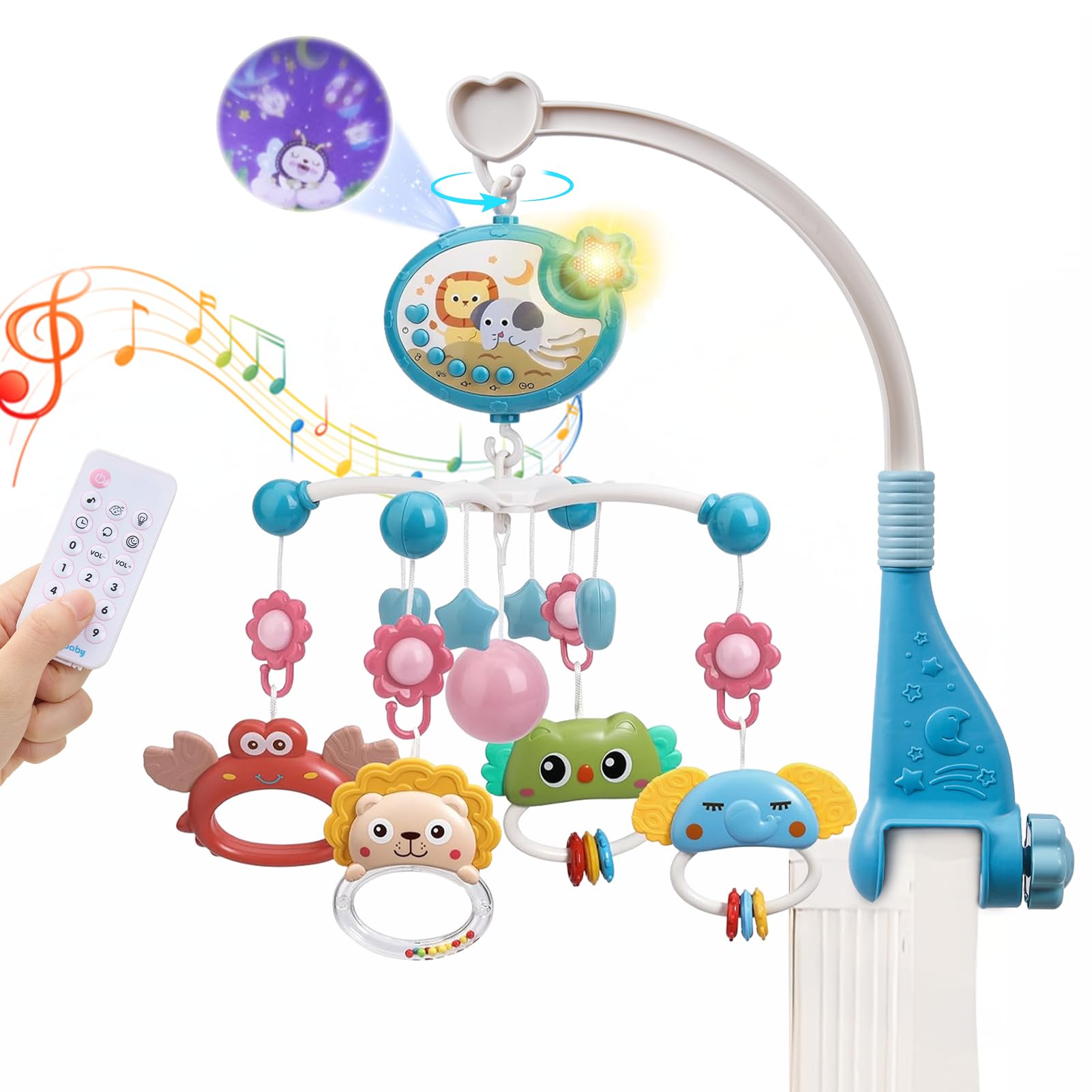 Warmiehomy Baby Crib Mobile Hanging Rattle Toys Cot Mobiles for Babies 0-12 Months Baby Bell with Star Projection Timing Remote Control Musical Mobile with Lights Sleep Aid Gifts for Newborn