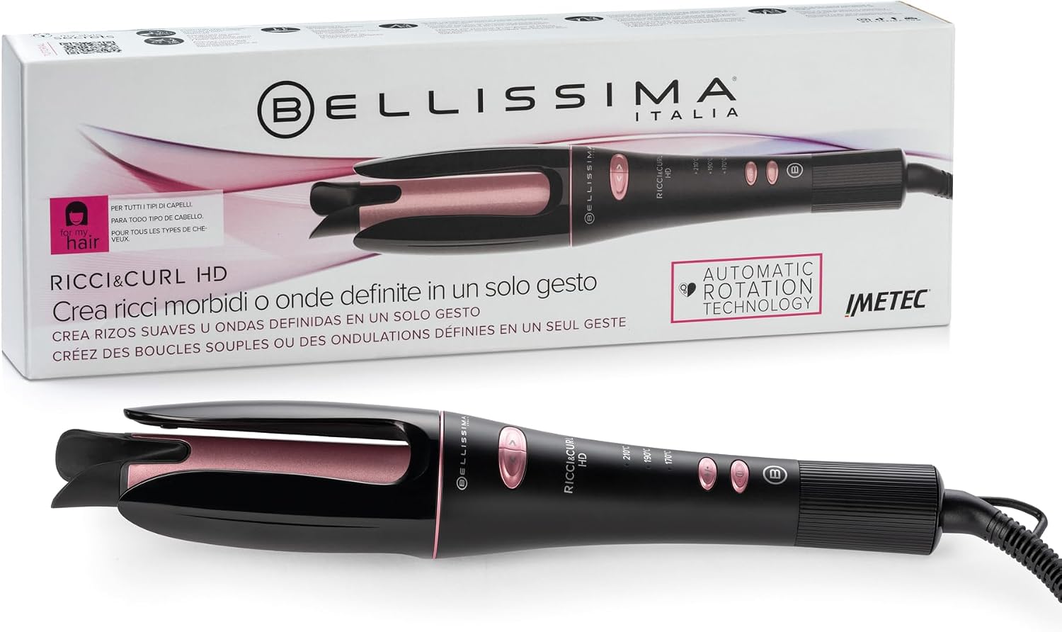 Bellissima Ricci & Curl HD, automatyczna lokówka obrotowa, technologia automatycznego obracania, tworzenie loków i falowania, czarna i różowa