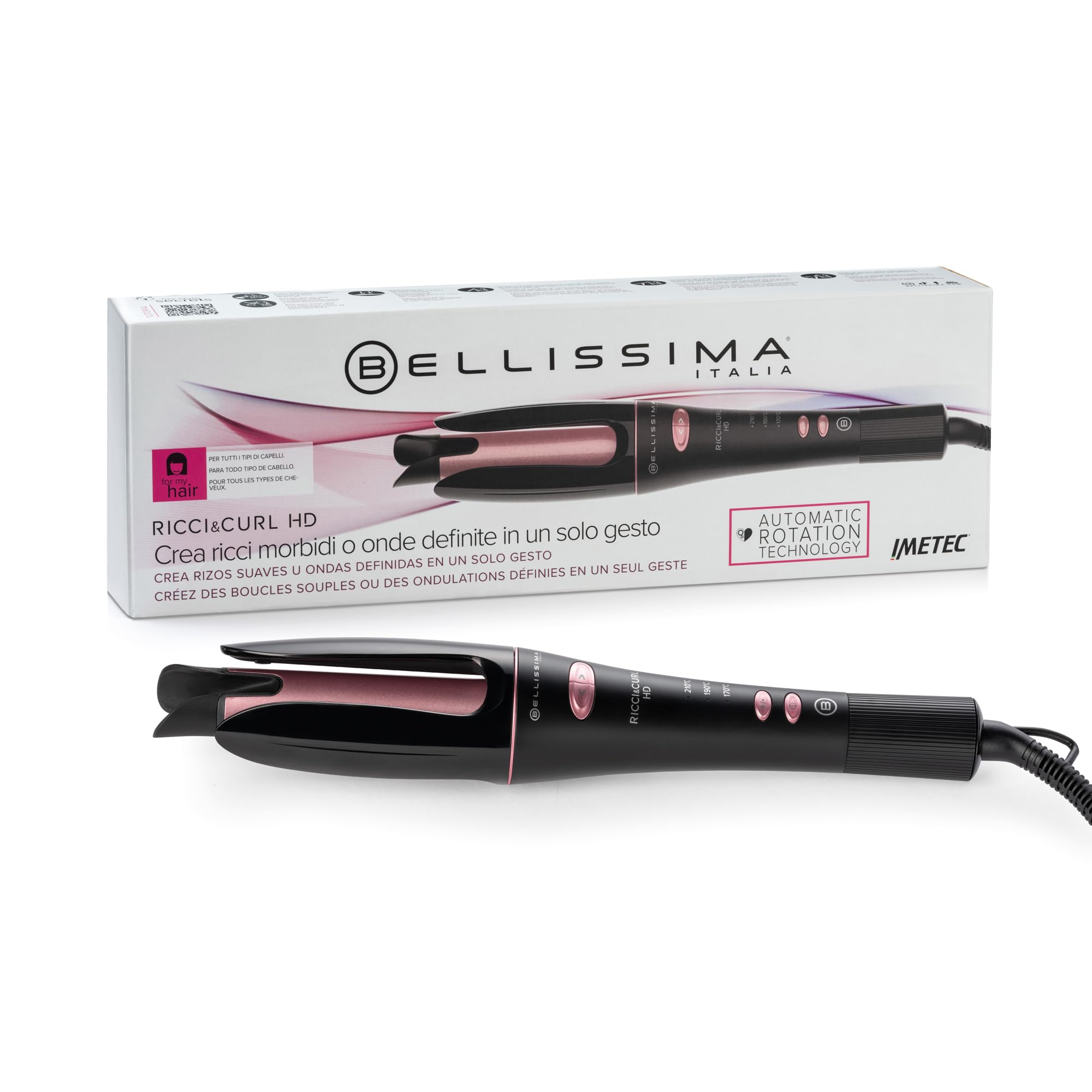 Bellissima Ricci & Curl HD, automatyczna lokówka obrotowa, technologia automatycznego obracania, tworzenie loków i falowania, czarna i różowa