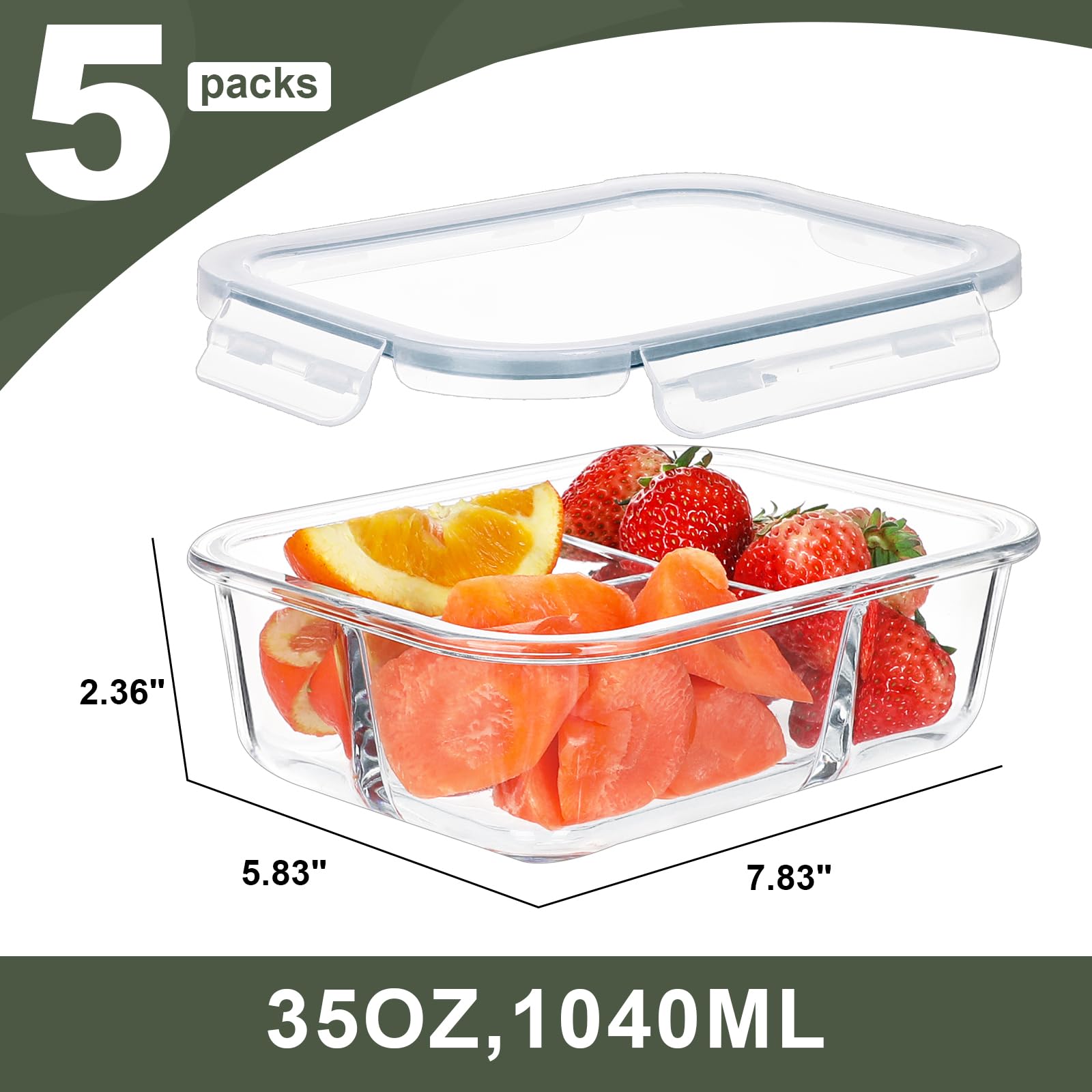 BAYZZ Paquete de 5 recipientes de vidrio de 35 onzas para preparación de comidas, 3 compartimentos, recipientes de vidrio para almacenamiento de alimentos con tapas, caja bento hermética, recipiente