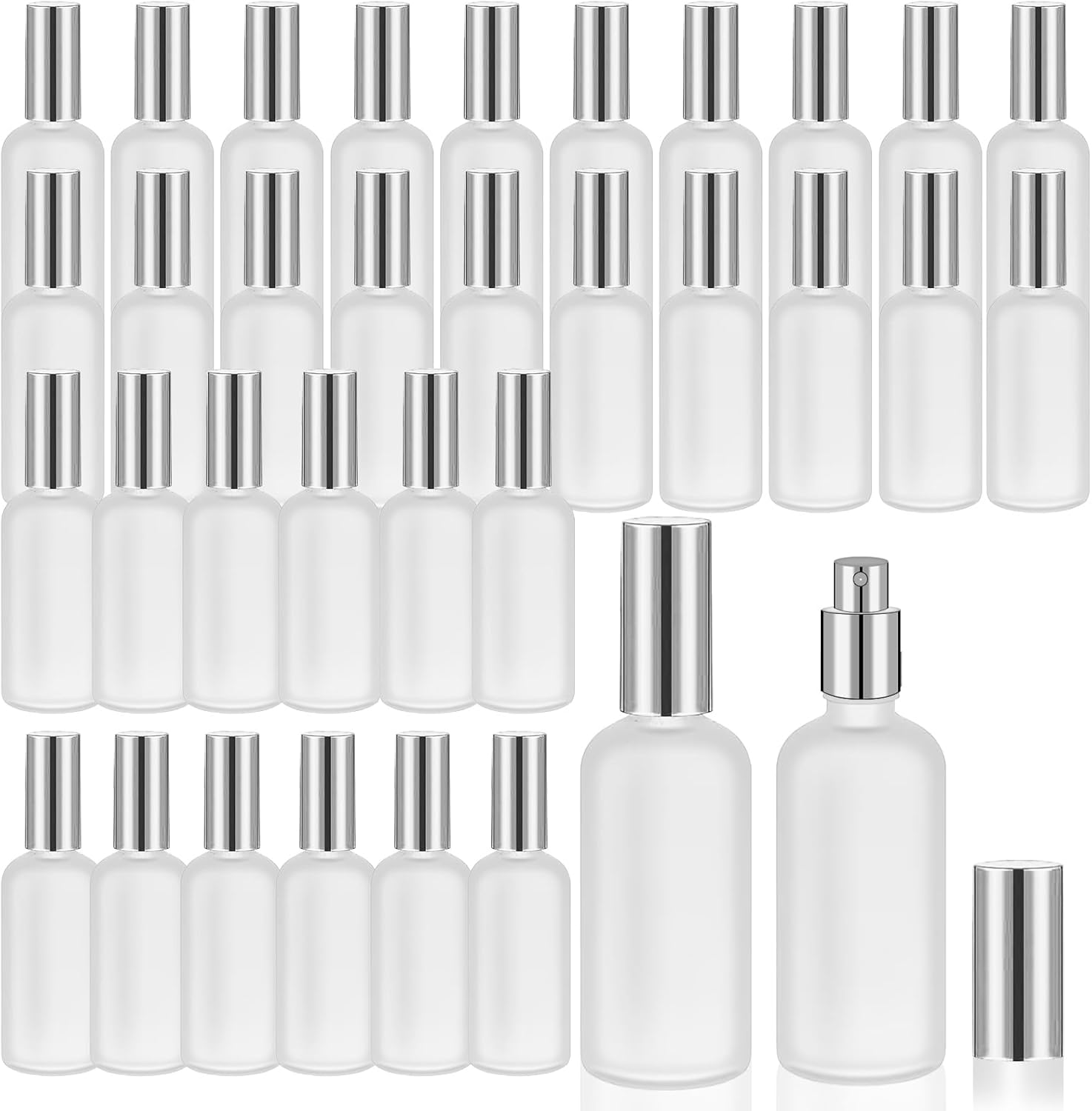 32 Pcs Glass Spray Bottle Empty Frosted Glass Bottles Reusable Glass Perfume Bottle Cosmetic Glass Container with Fine Mist Sprayer Pump for Travel Face Body Sprays (Silver)