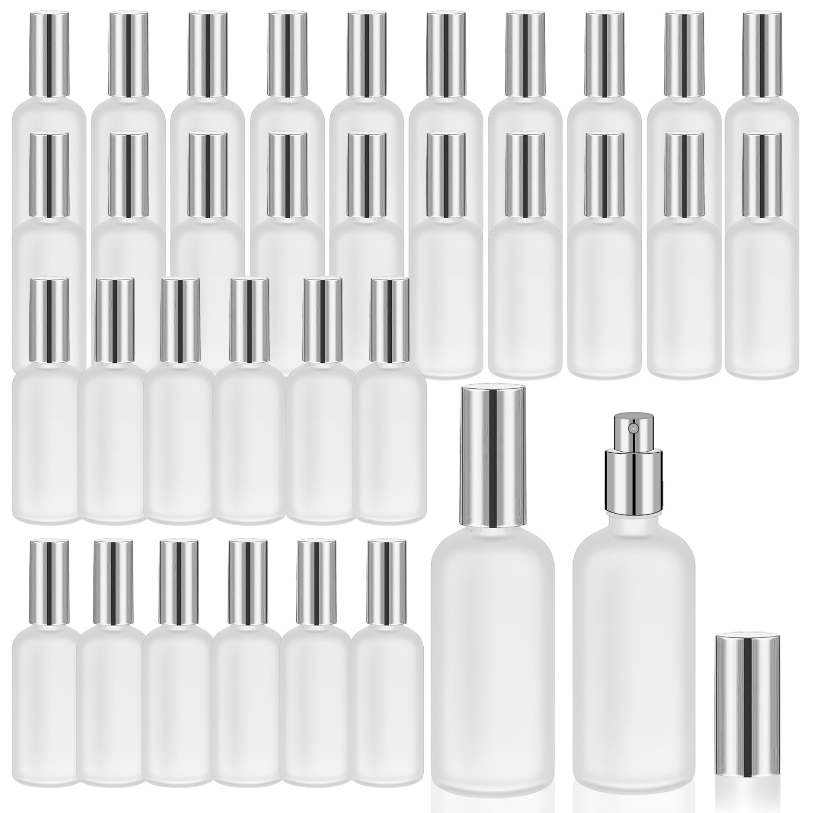 Lot de 32 flacons vaporisateurs vides en verre dépoli réutilisables avec pompe pulvérisateur à brume fine pour voyage visage corps (argenté)