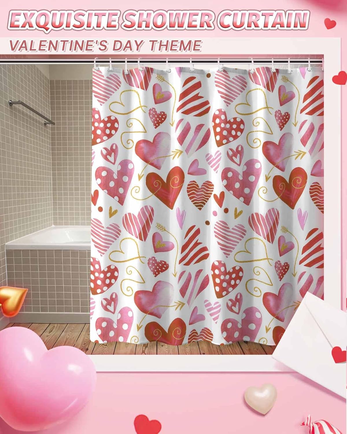 Valentine's Day Shower Curtains for Bathroom Heart Red Pink Shower Curtain Set with Hooks Watercolor Valentines Day Decorations Bath Curtain Waterproof Polyester 72x84 Inch