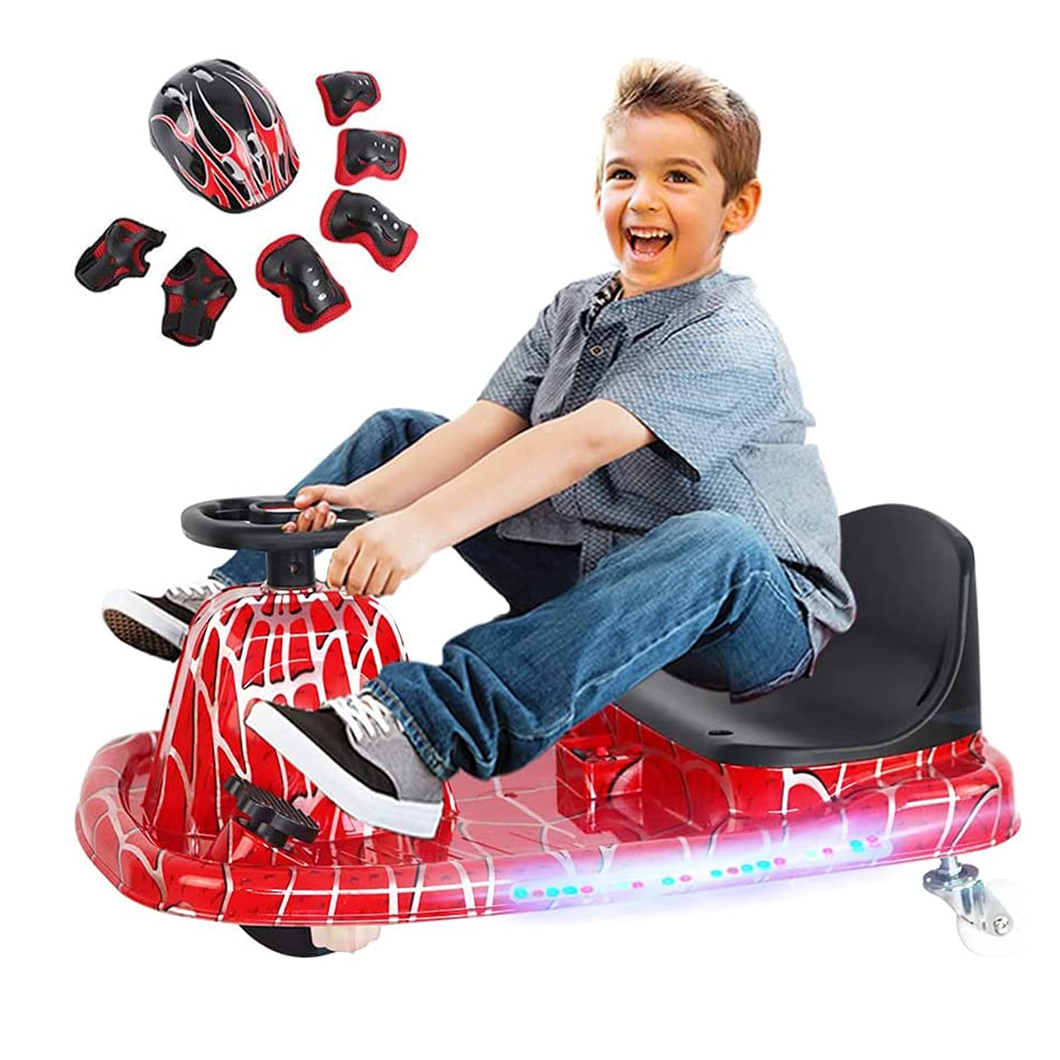 COOLBABY Drift Crazy Cart Electric Scooter with LED Light for Kids Ride On Toy with Helmet Protective Gear