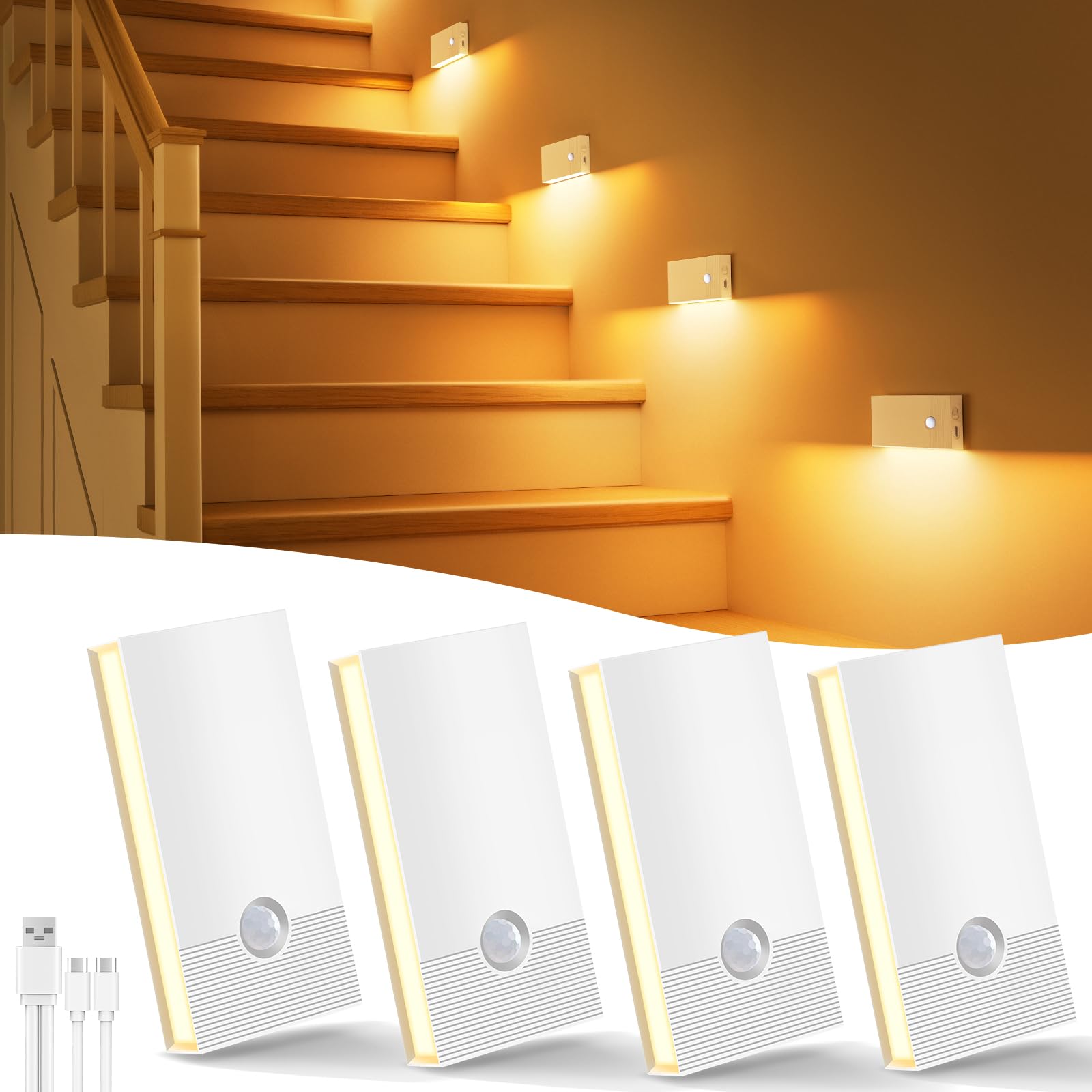 Nachtlicht Mit Bewegungsmelder, 4 Stück LED Nachtlicht USB-C Aufladbar 3 Modi Treppenlicht Bewegungsmelder, WarmWeiß Innen Nacht licht für Treppe, Flure, Kinderzimmer, Schlafzimmer, Küche,Weiß