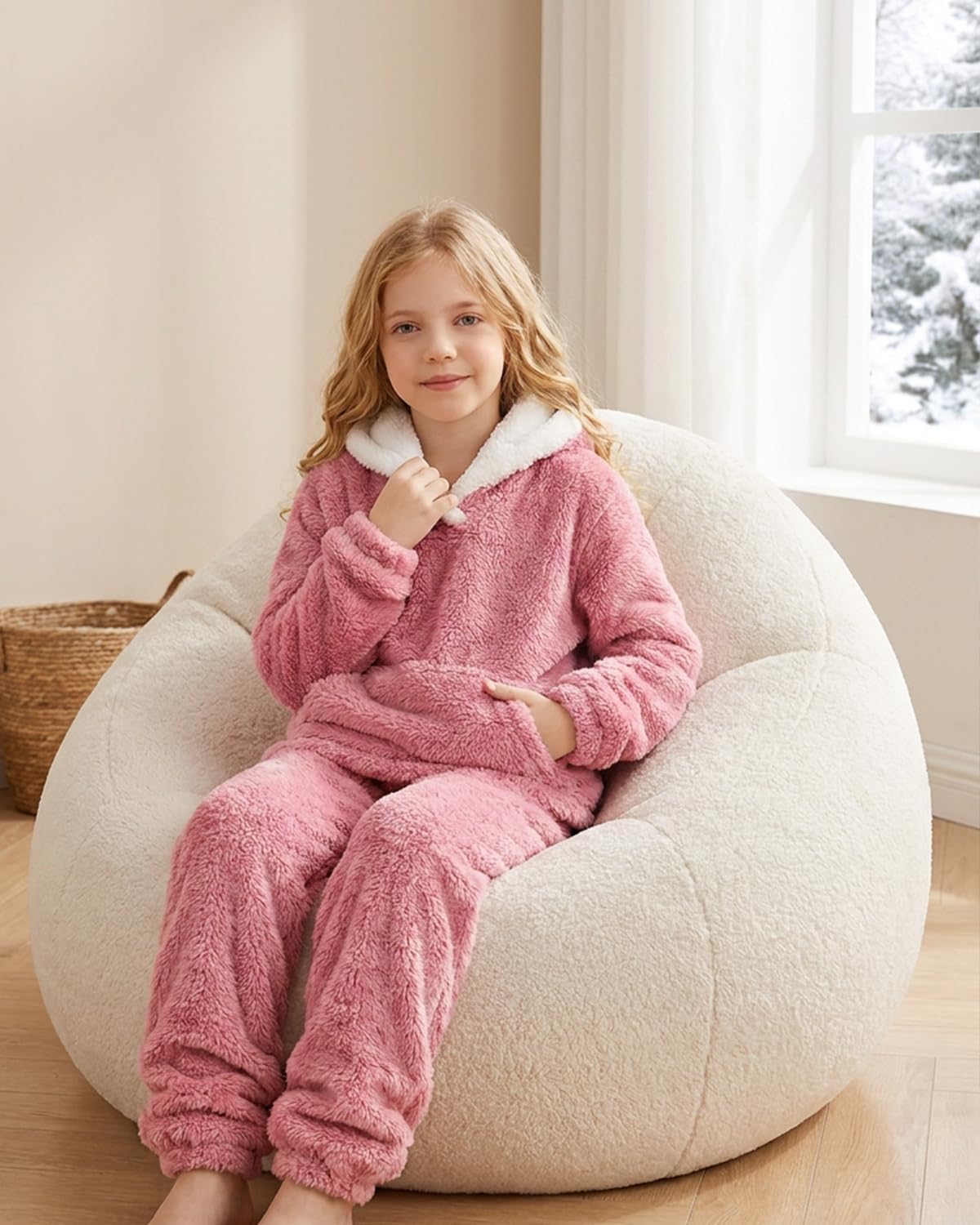 FishingDino Set di abbigliamento per bambini, taglia 122-152, due pezzi, a maniche lunghe, in flanella, per il tempo libero, con tasca a marsupio, colletto a risvolto, pantaloni da jogging
