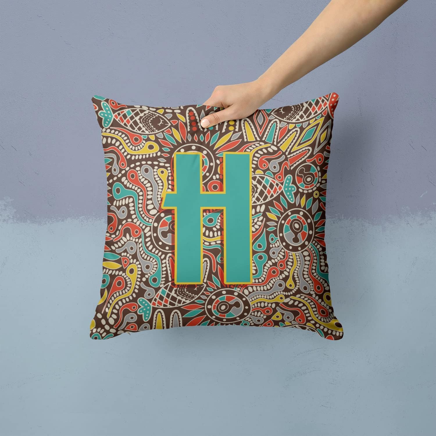 Caroline's Treasures CJ2013-HPW1414 Letter H Retro Tribal Alphabet Initial Fabric Decorative Pillow 100% Machine Washable Pillow, Indoor or Outdoor Decorative Throw Pillow for Couch, Bed or Patio