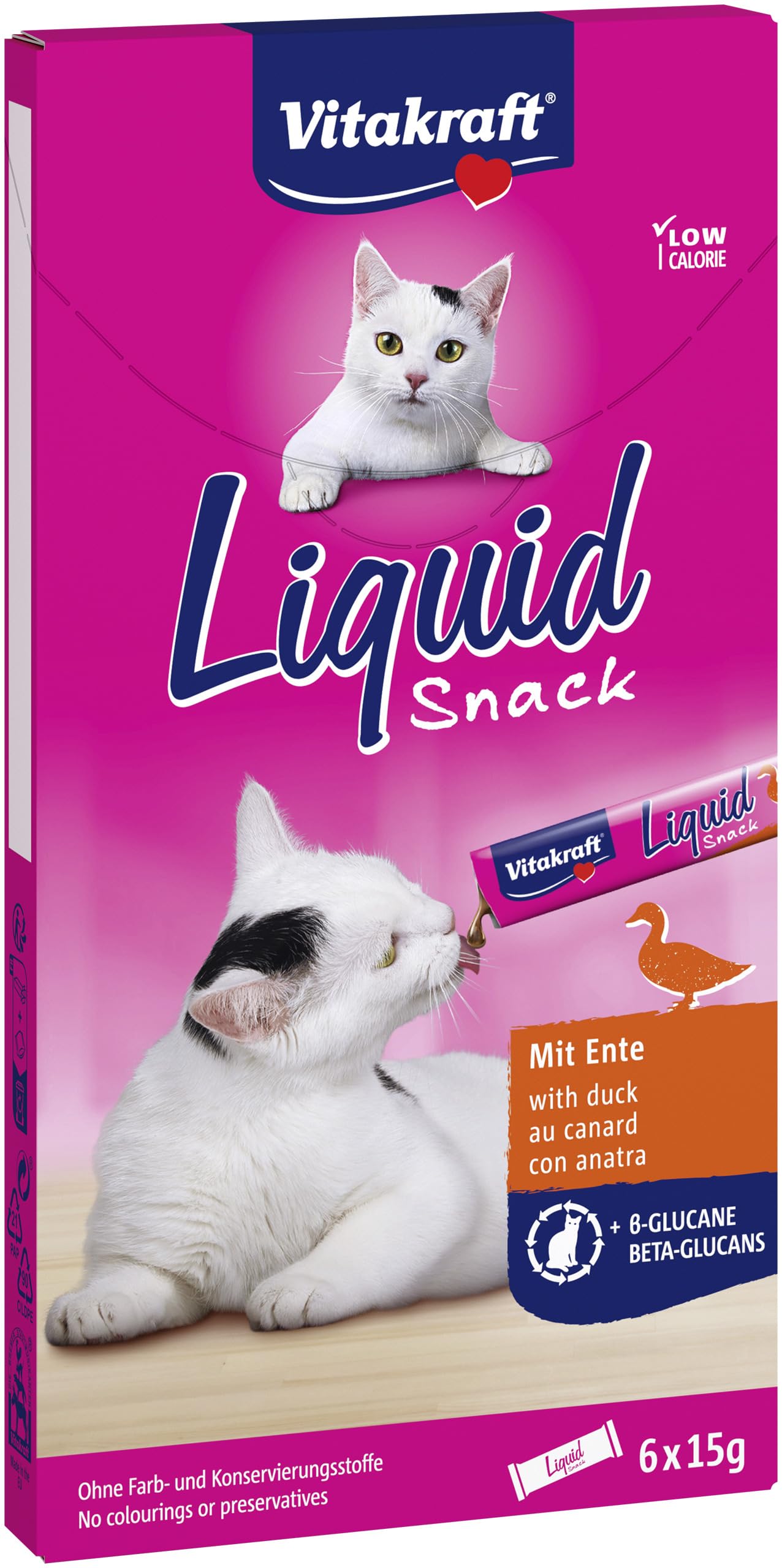 Vitakraft Liquid Snack, golosina para Gatos, Snack cremoso para Gatos, con Pato y betaglucanos, en Sobres Individuales, Mejora Las defensas inmunitarias (1 Paquete de 6X 15g)