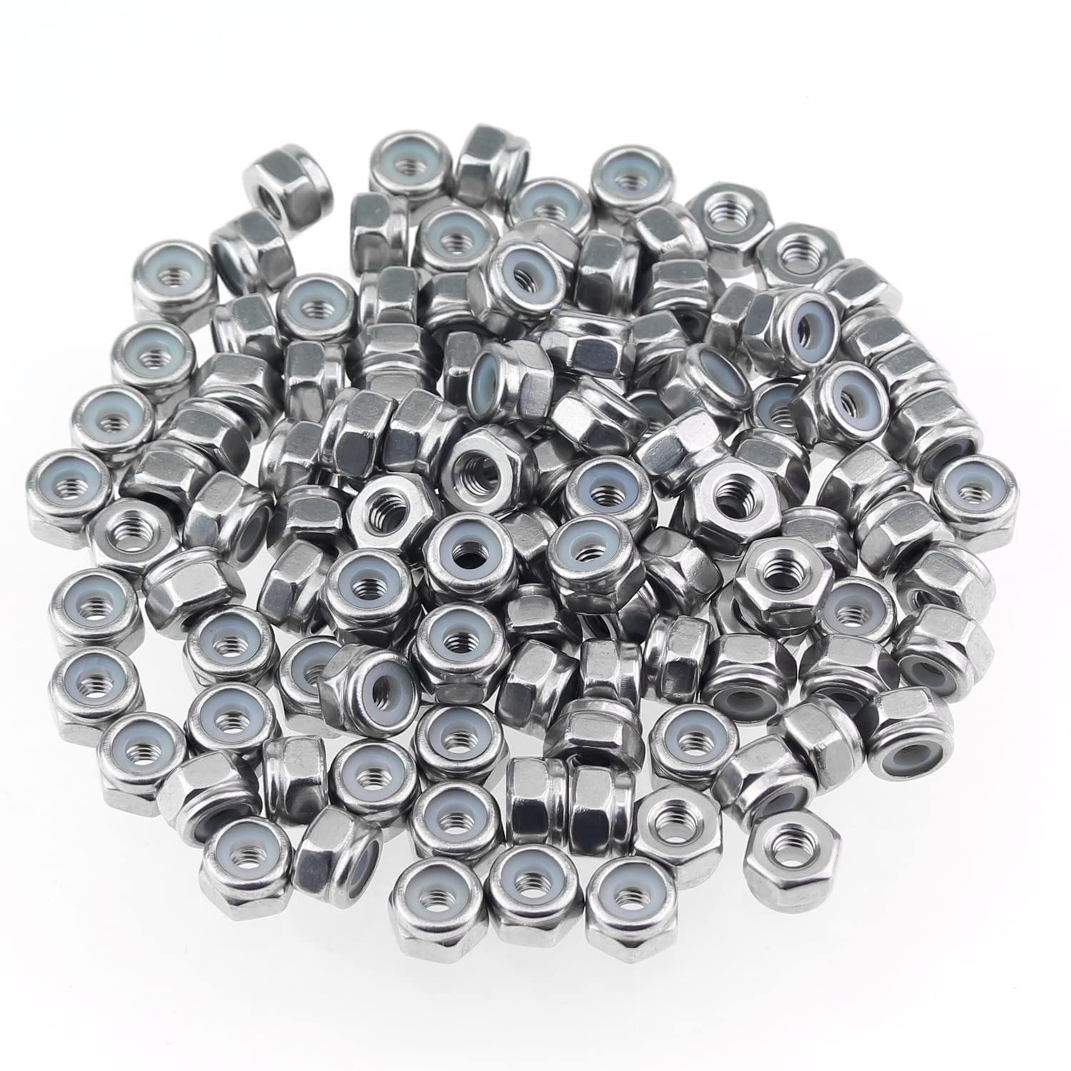 HELIFOUNER 50 Pieces #8-32 Nylon Insert Hex Lock Nuts, 304 Stainless Steel (18-8) Locknuts, Bright Finish, Coarse Thread