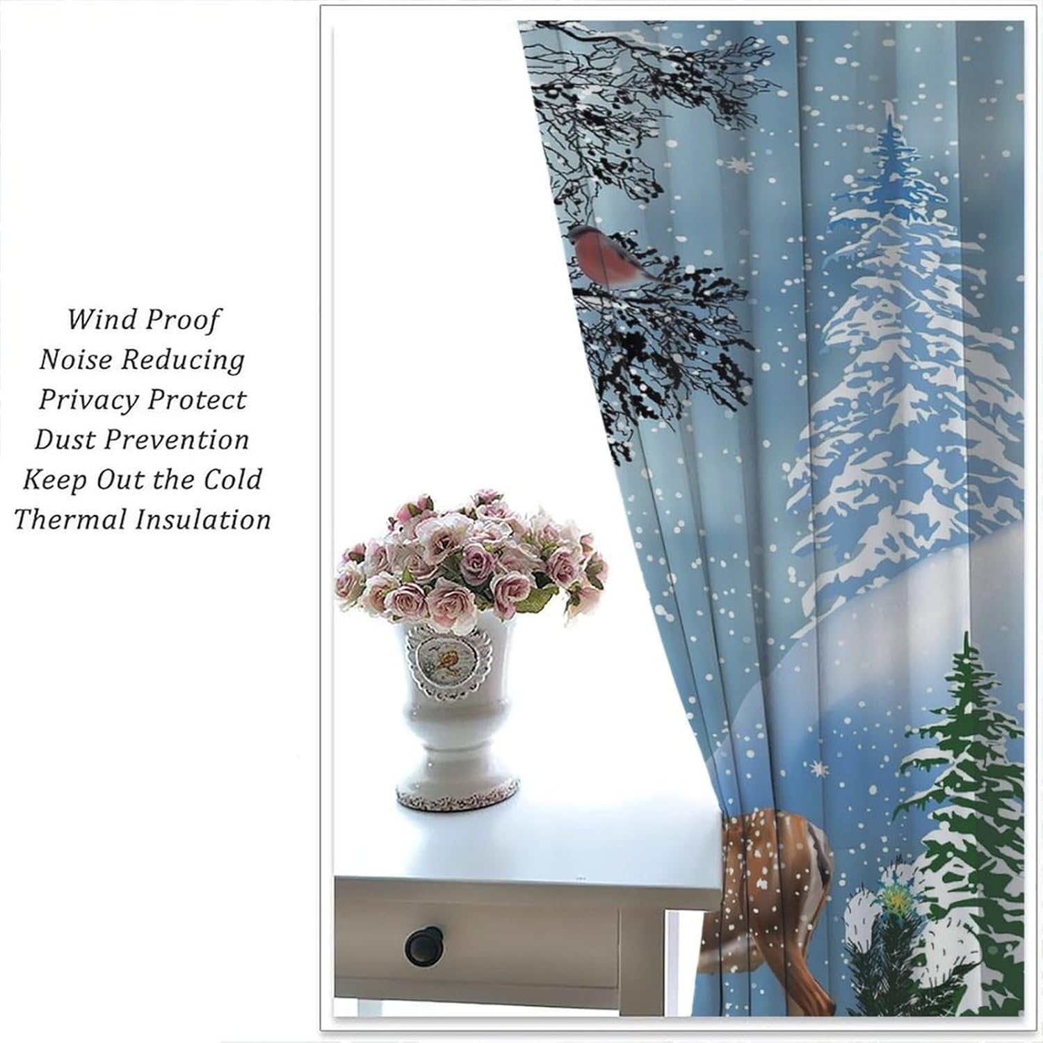 Winter Snowy Forest Blackout Curtains, Pine Tree Deer Snowflake Xmas Rustic Farmhouse Window Drapes, for Christmas Living Room Bedroom 21(W)*45(L) 2 Panels-(Happy Christmas)