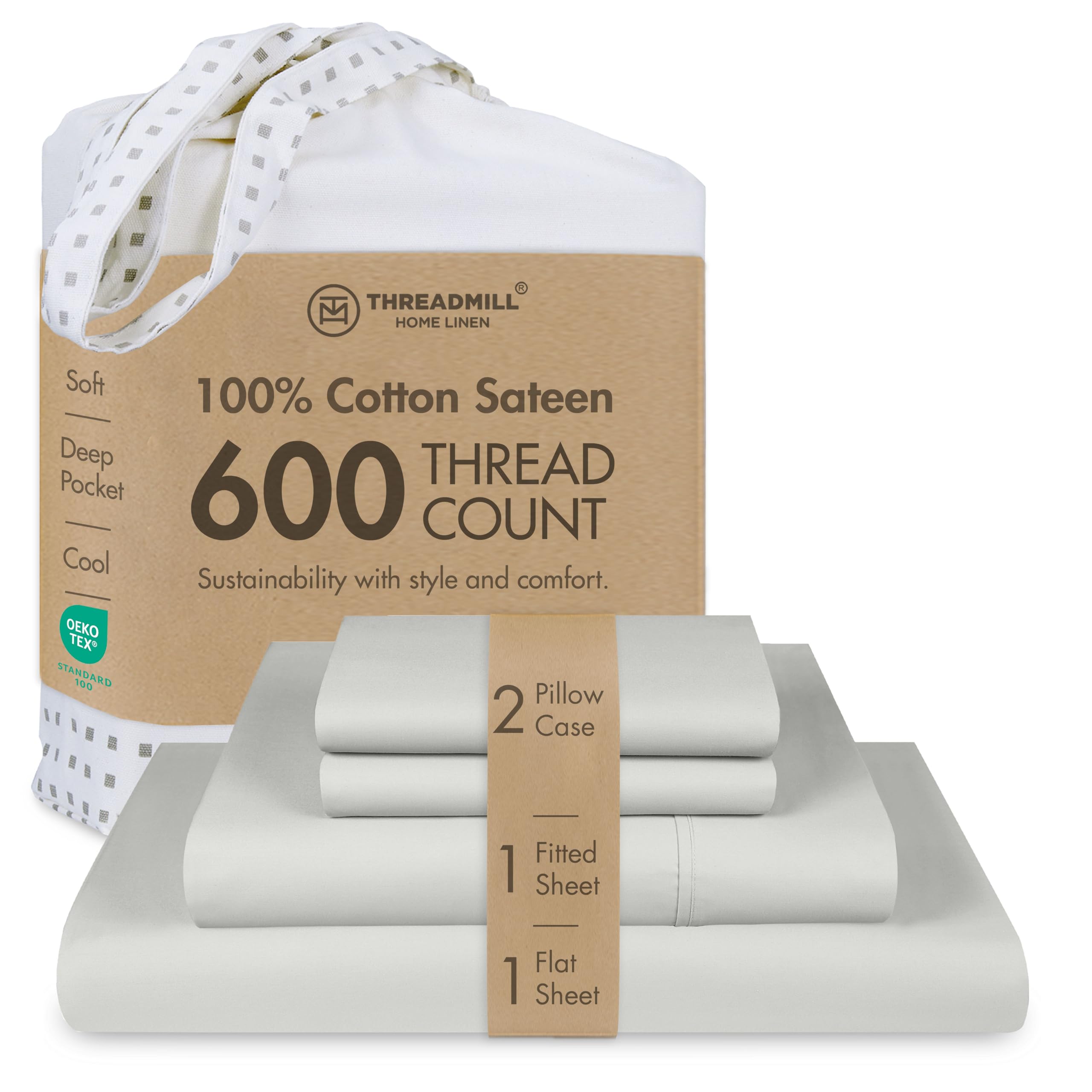 Threadmill Home Linen Prześcieradła California-King - 100% czysta bawełna, gęstość splotu 600, 4-częściowy zestaw pościeli ze srebra satynowego, miękka czesana bawełna ELS, solidne prześcieradła z