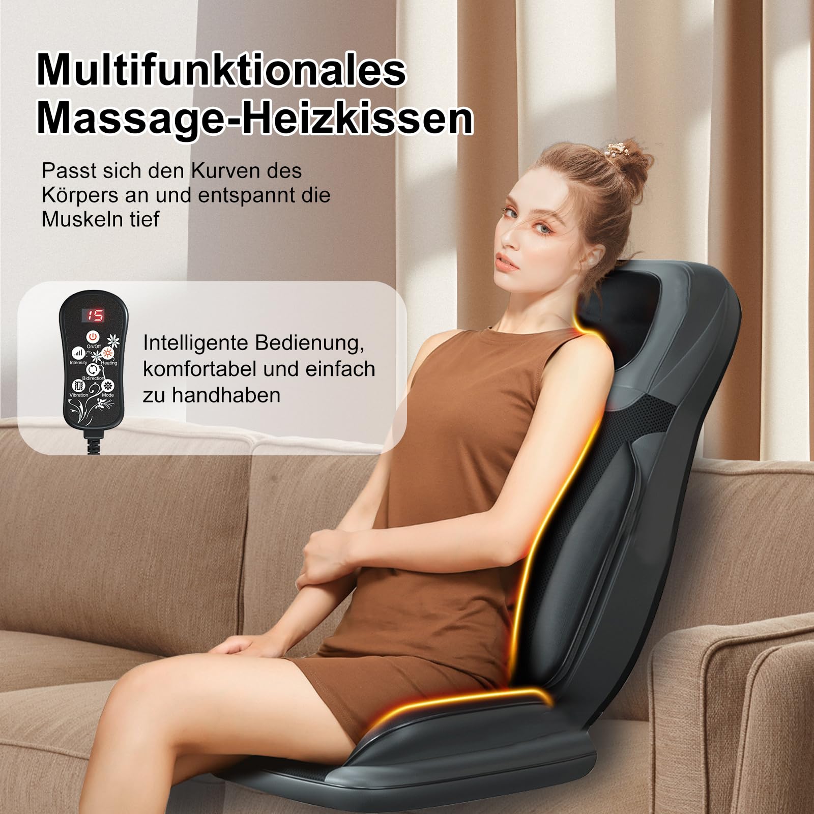 Rückenmassagegerät mit Wärmefunktion, Shiatsu Massagesitzauflage mit 3D-Massierköpfen und Vibration, Massagesitzauflage für Zuhause/Auto (Hellbeige)