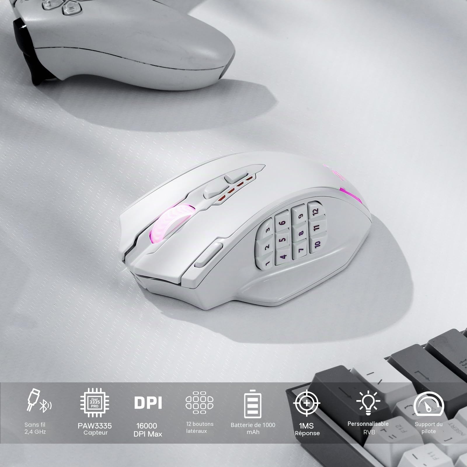 Redragon M913 Souris Gaming sans Fil 16000 DPI 16 Boutons | souris gaming sans fil 16000 DPI 16 boutons programmables 45h autonomie capteur optique Pro 12 boutons latéraux