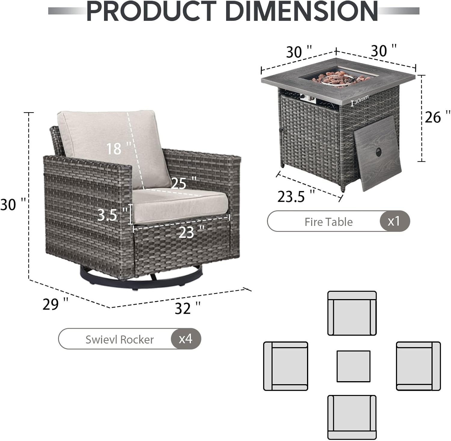 Outdoor Swivel Rocker Chairs Set of 4 with Fire Pit Table - 5 Peice Wicker Patio Furniture Set Conversation Set with 50,000 BTU Fire Pit for Deck Backyard - Grey Wicker Beige Cushion