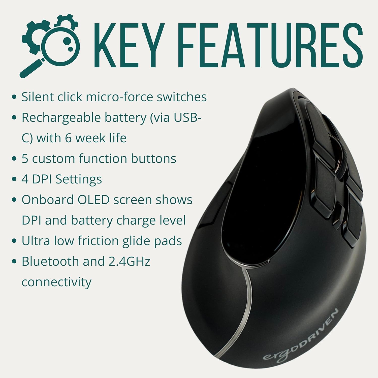 Ergodriven Om Vertical Ergonomic Mouse | Wireless: Bluetooth & 2.4G | Rechargeable, Optical, 4 DPI Levels, 5 Custom Buttons | for PC, Mac, Laptop, Computer | Silent Click | Copy/Paste Function