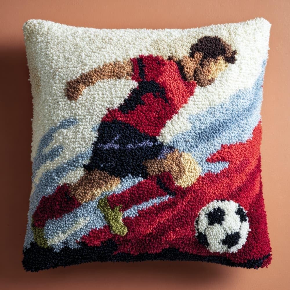 Taxpy Latch Hook Cushion Kits Soccer Pillowcase Kits Embroidery Kit 17X17 Inch DIY Needlework Pillow Cover Sofa Cushion Rug Making