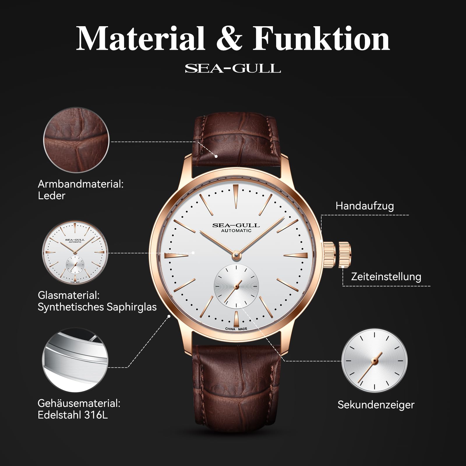 Seagull Herren Automatik Mechanische Uhr mit Sekunden-Unterzifferblatt Business Lederarmband Analog Anzeige Armbanduhr 40mm