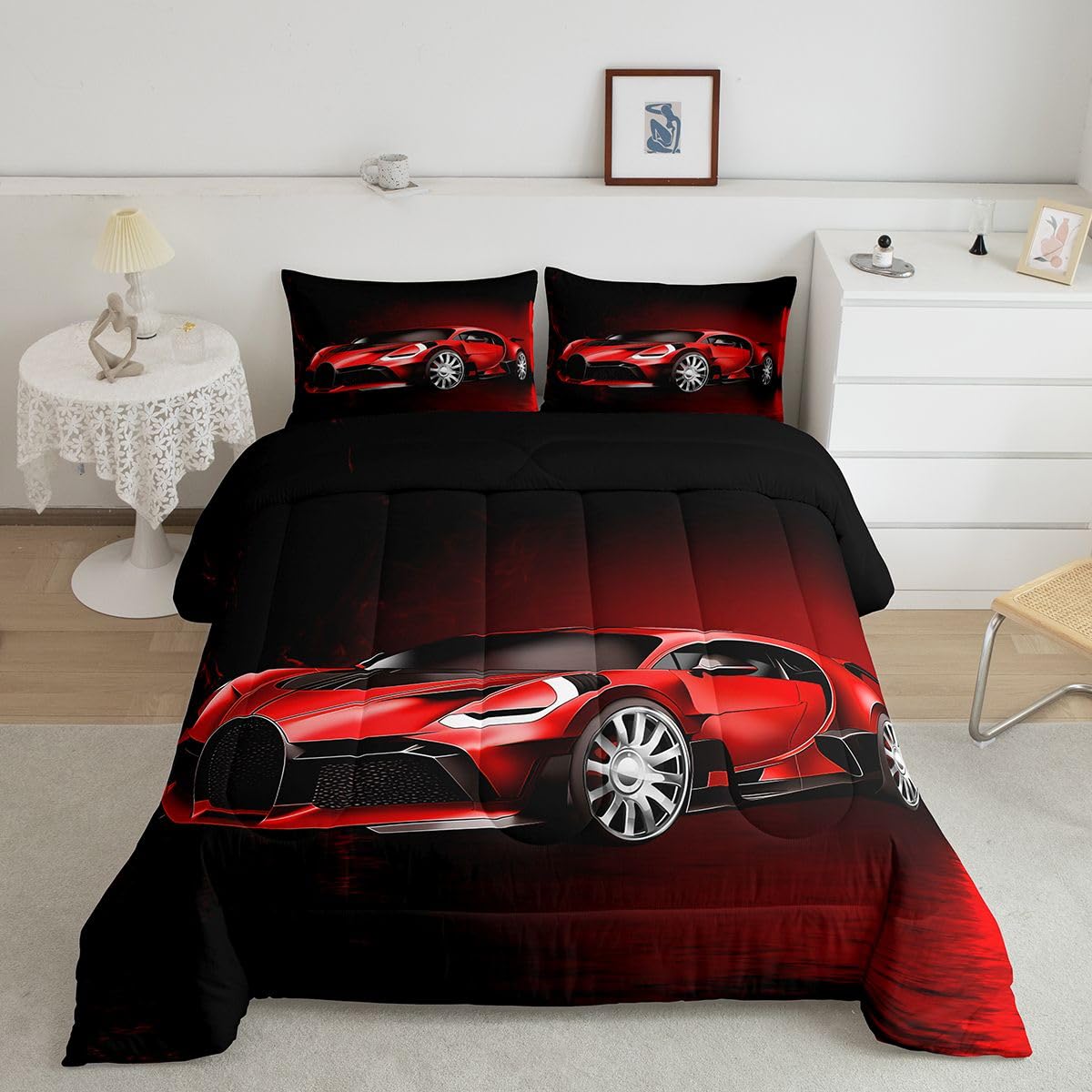Feelyou Sports Car Comforter Red Race Car Comforter Set for Kids Boys Girls Extreme Sports Theme Bedding Set Cool Speed Luxury Decor Quilt Set with 2