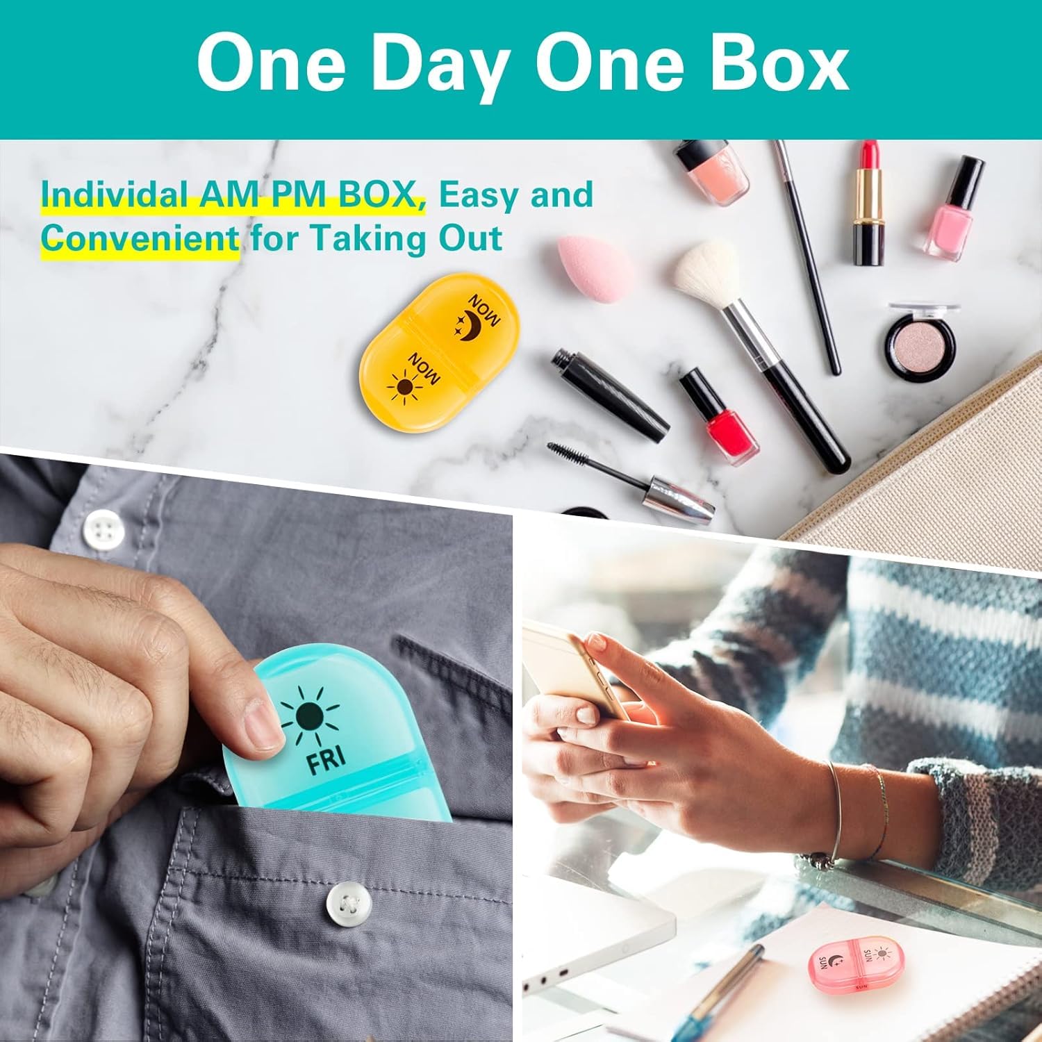 Rabbonix Weekly Medicine Organizer Box 02 Times a Day, Daily Tablets Container Case Travel Pill Box For 07 days | Black And Multicolor | 01 Pcs