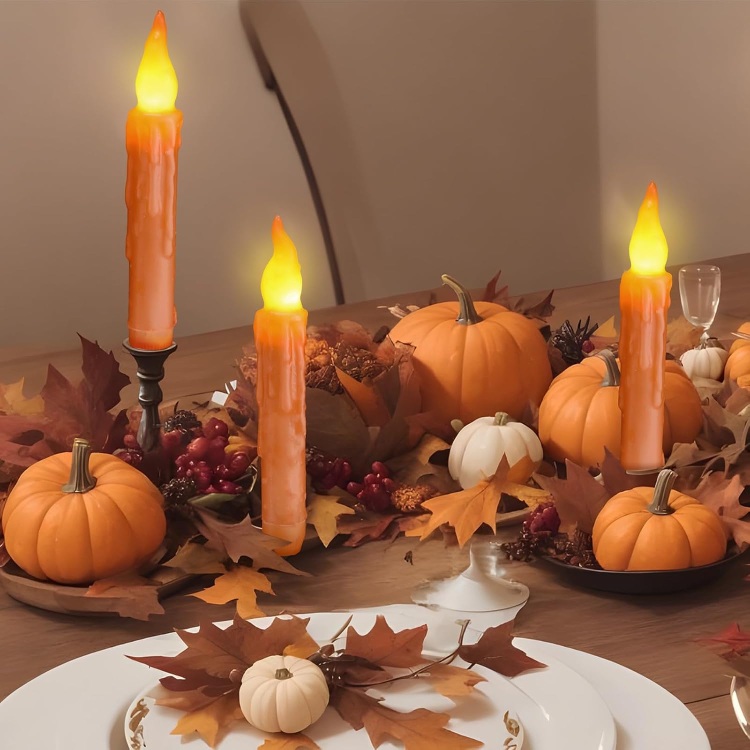 Baquler 6 Pcs Short Thanksgiving Flameless Candles Vintage Fall Real Wax Hand Dipped 6.5 Inch Orange Taper Candles Battery Operated LED Candlesticks for Autumn Thanksgiving Dinning Table Home Party