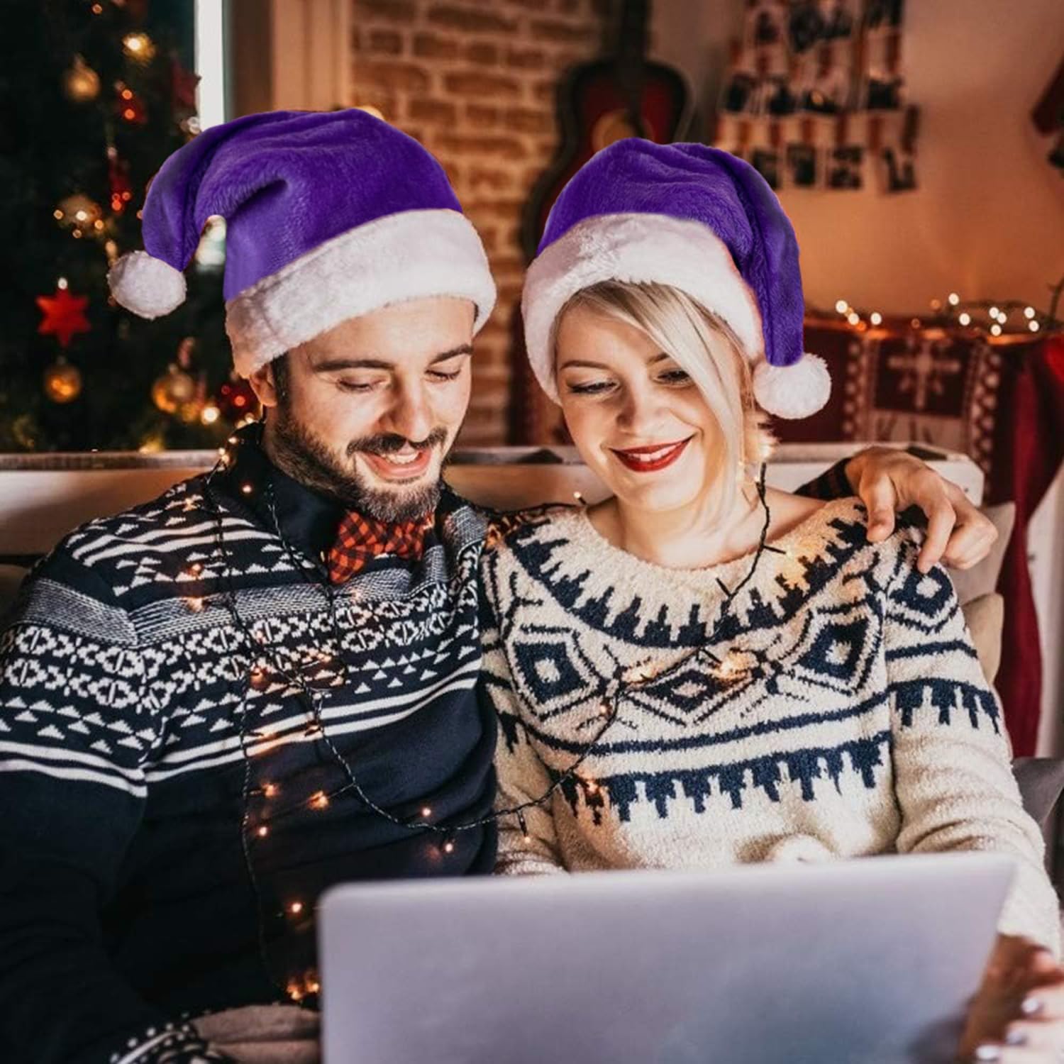 Plush Christmas Purple Santa Hat for Adults, Plush Purple Velvet Xmas Hat for Women Men Holiday New Year Party Supplies - Image 6