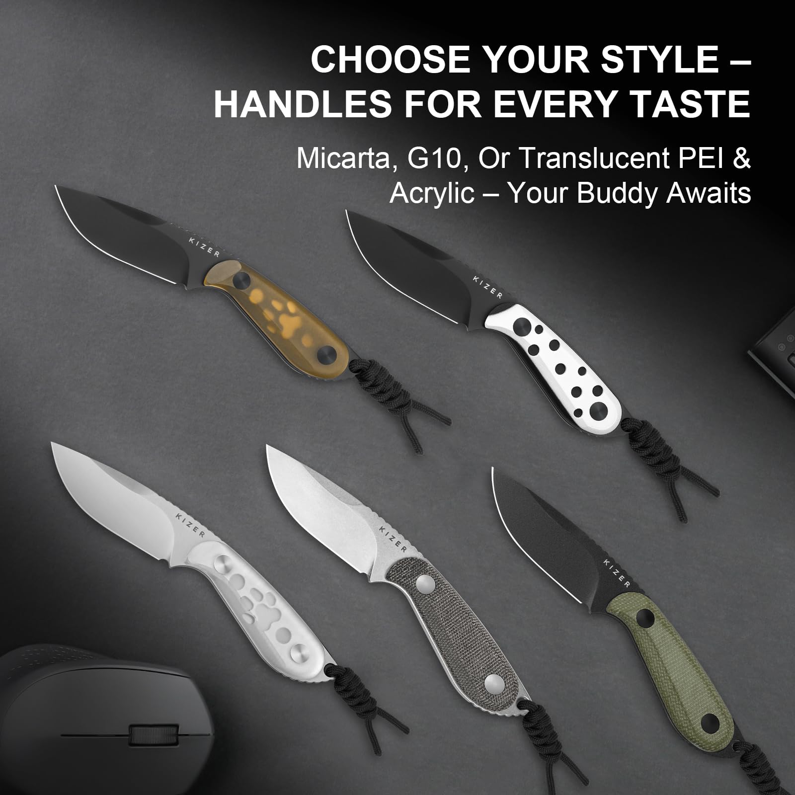 Kizer Buddy Jagdmesser EDC Messer mit Nitro V Klinge & PEI Griff, 1081A1 | 7,6 cm Drop Point Klinge Feststehende Messer mit Gelben Griff, Camping Messer mit Kydex Scheide für Outdoor Aktivitäten