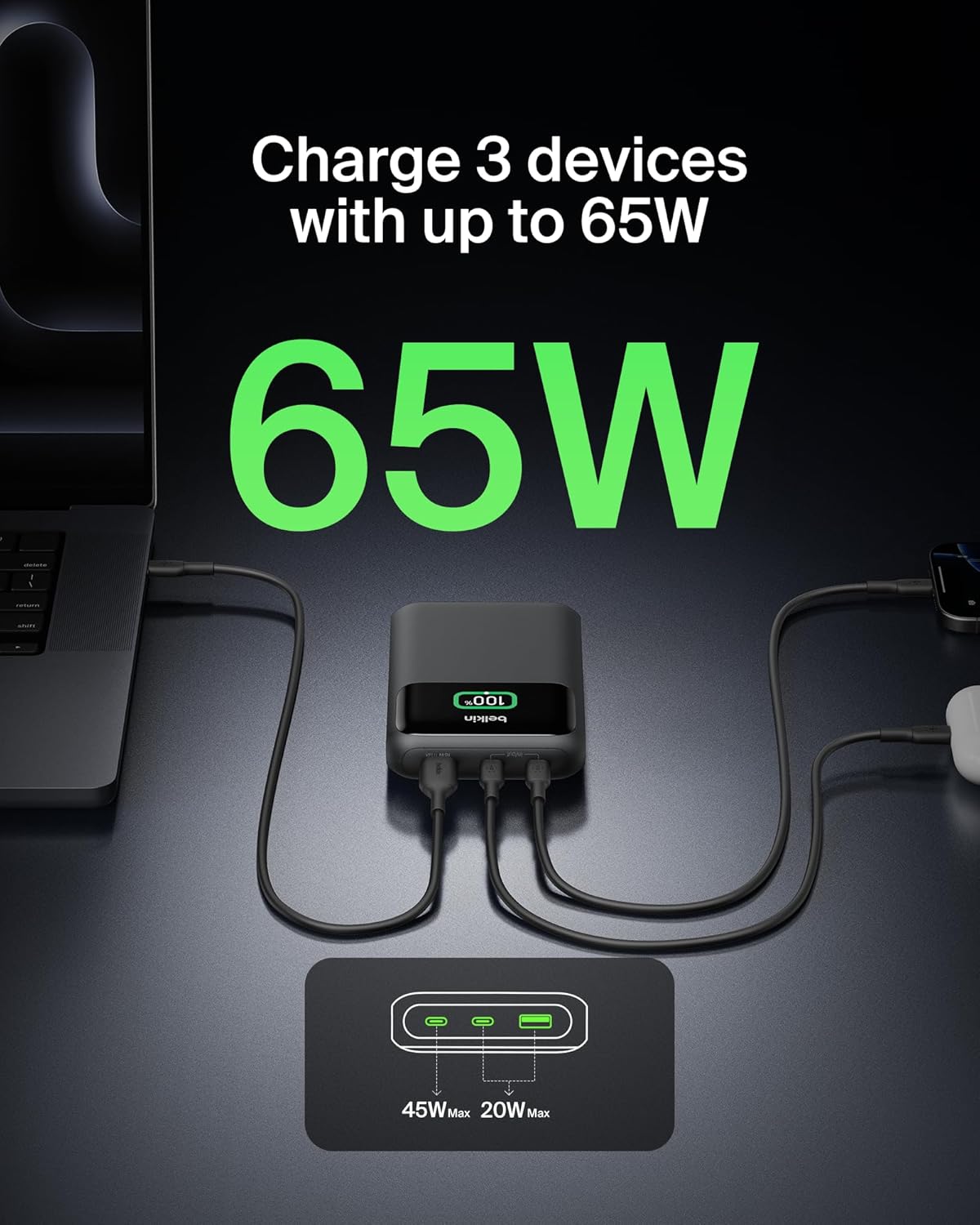 Belkin Portable Charger, 3-Port Laptop Power Bank 20000 mAh - USB-C & USB-A Ports, 65W iPhone Charger Fast Charging - MacBook, Apple iPhone 17, iPad, Samsung Galaxy S25, Nintendo Switch 2, etc - Black - Image 3
