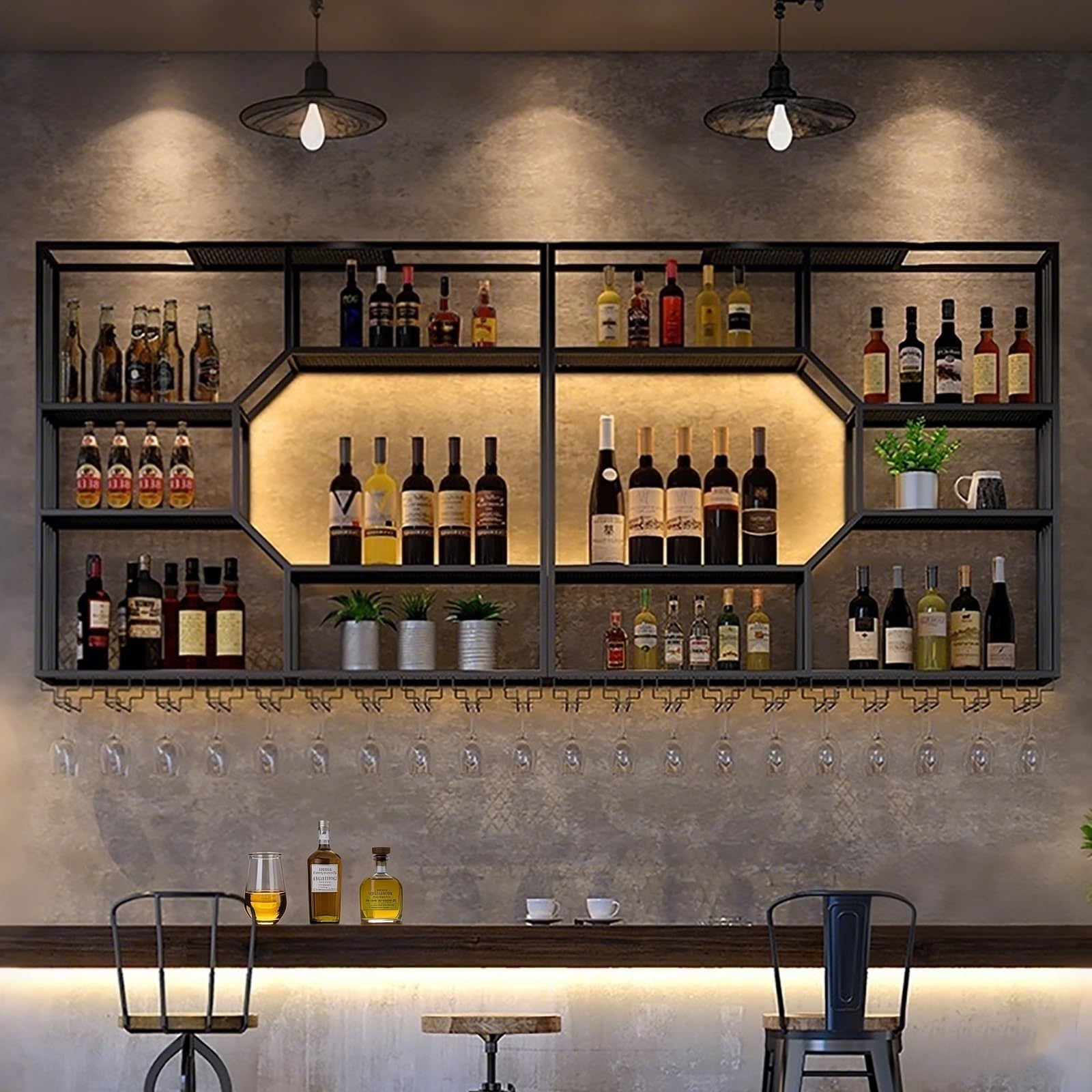 Botellero de metal montado en la pared con luz LED, estante de hierro para licor y soporte de vidrio, gran almacenamiento flotante para cocina y sala de estar, estante de exhibición de botellas negro