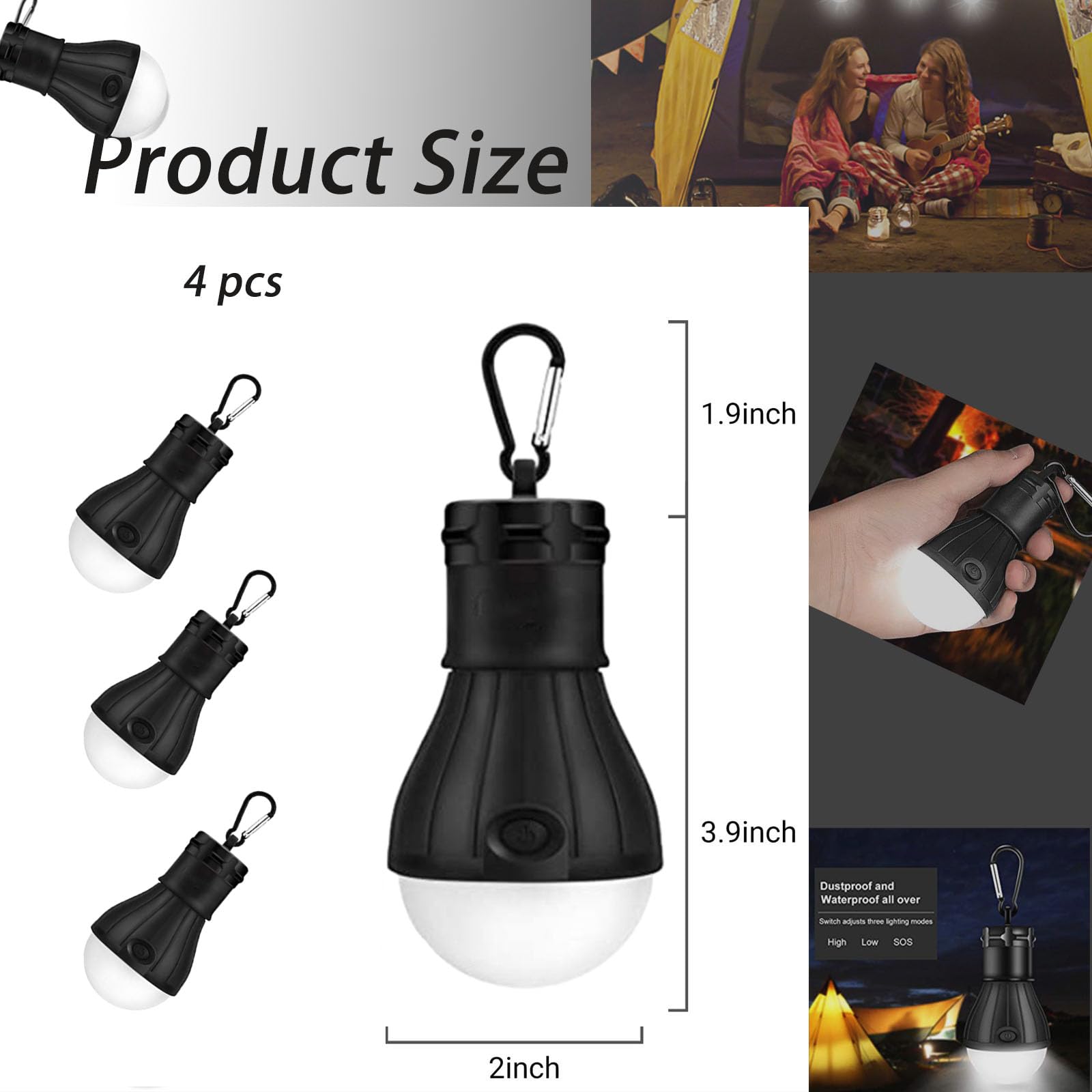 4 Packs LED Camping Lights ,Camping Gear, Camping Tent Lantern Tent Lights Portable Outdoor Waterproof Emergency Light Bulb,Super Bright, for Hiking, Party?Camping, Fishing, Power Failure
