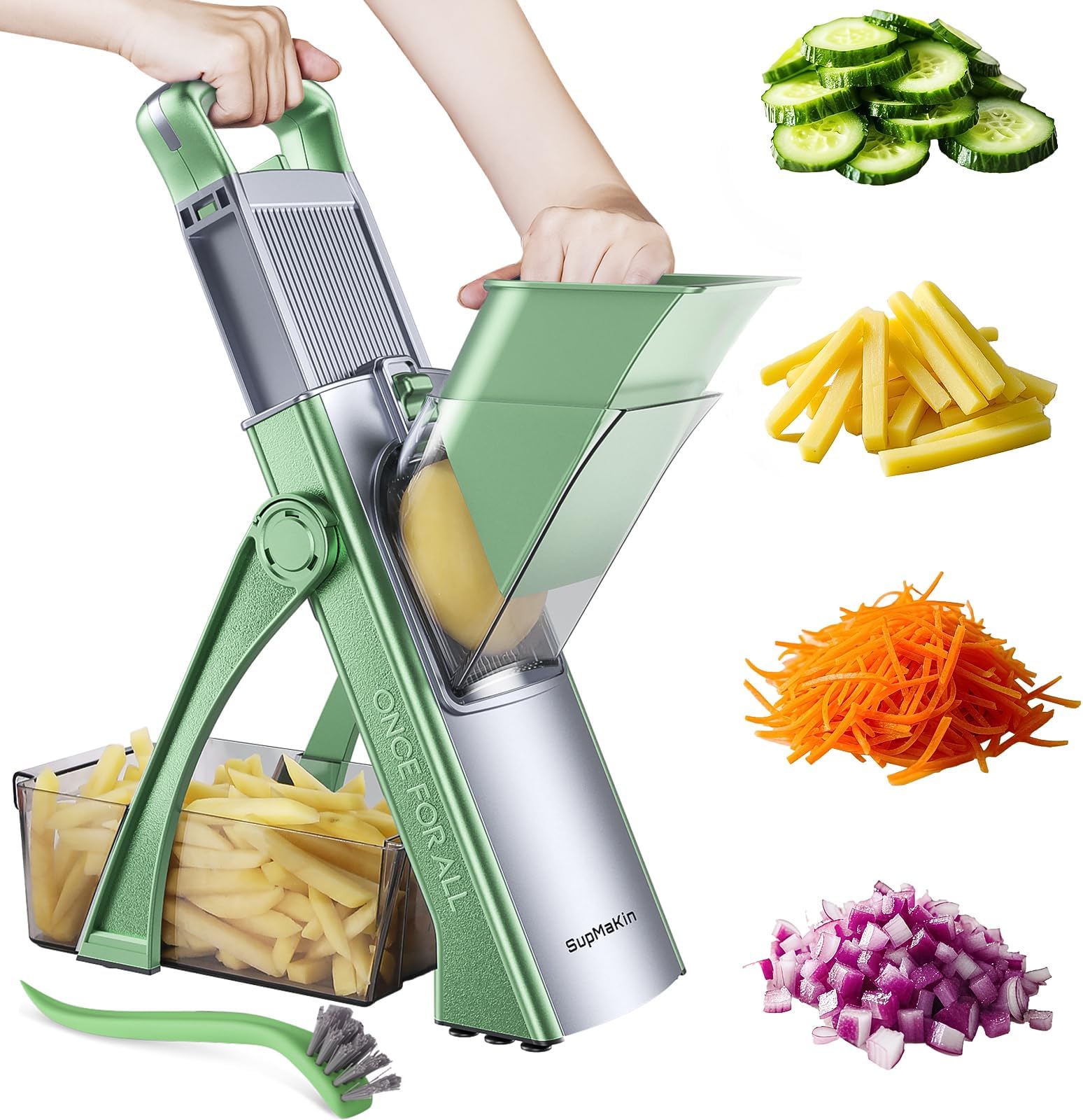 SupMaKin Upgrade Safe Mandoline Slicer for Kitchen, Bigger Entrance Vegetable Food Slice Potato Slicer Chopper, Adjustable Thickness Multi Mandolin, Julienne + Dicer Kitchen Must Haves Matcha green