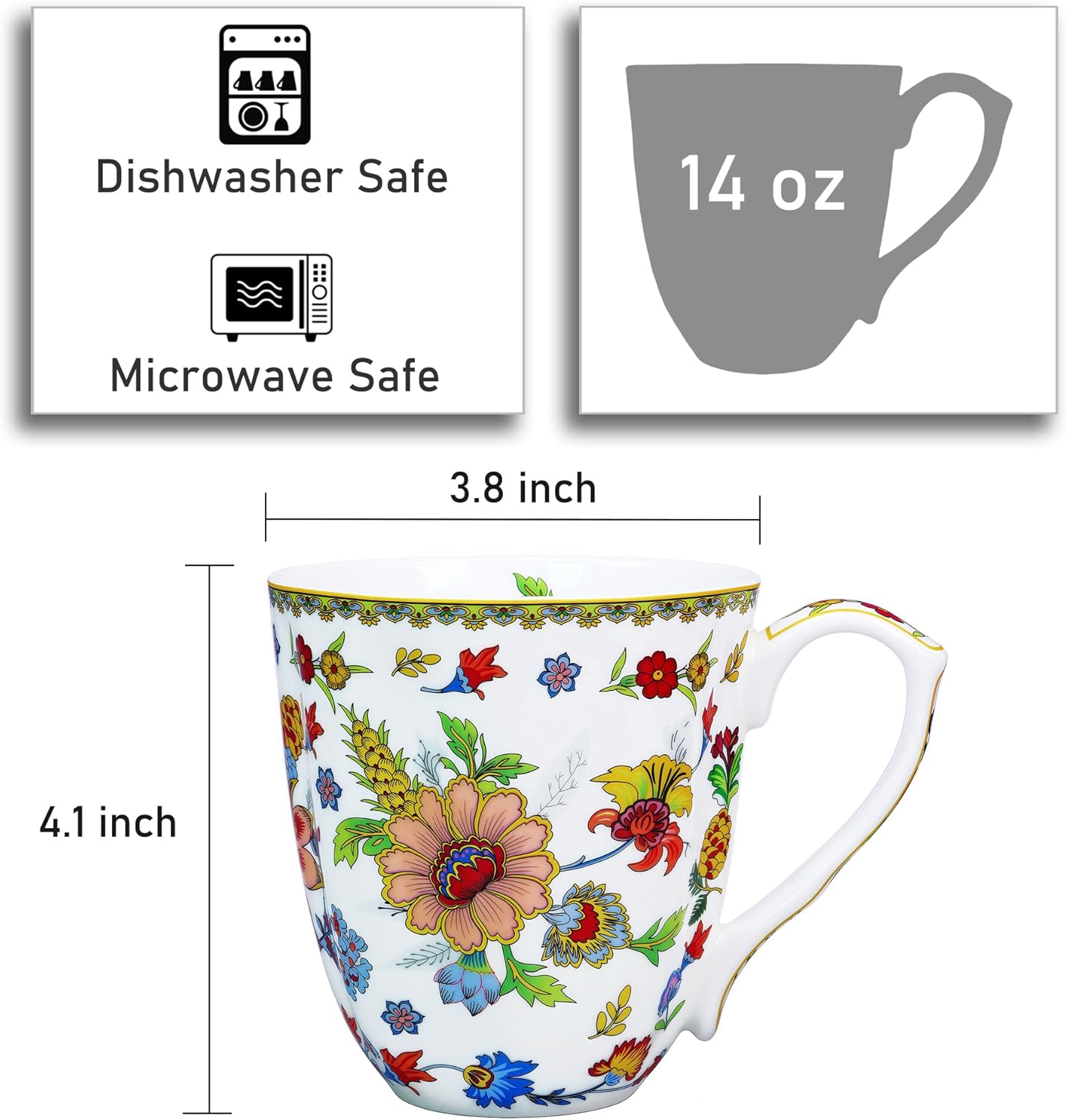 14oz Bone China Mug Floral Coffee Mug with Handle Elegant Flower Coffee Tea Cup Christmas Birthday Gifts for Women Men Family Friend - Image 2