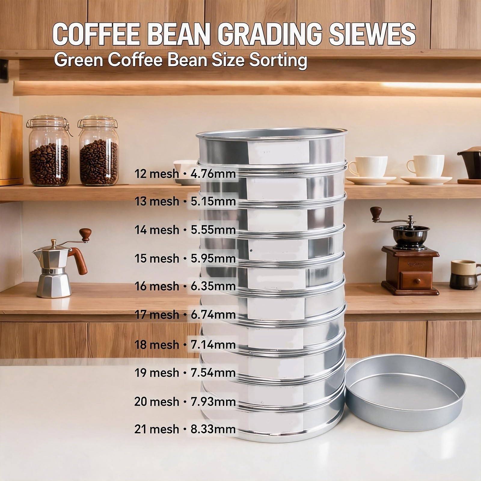 Juego de tamices Redondos de Malla Fina para Granos de café; Incluye tamices de Acero Inoxidable 304 de 10 Niveles con Bandeja Inferior; Ideal para clasificación de Granos Verdes