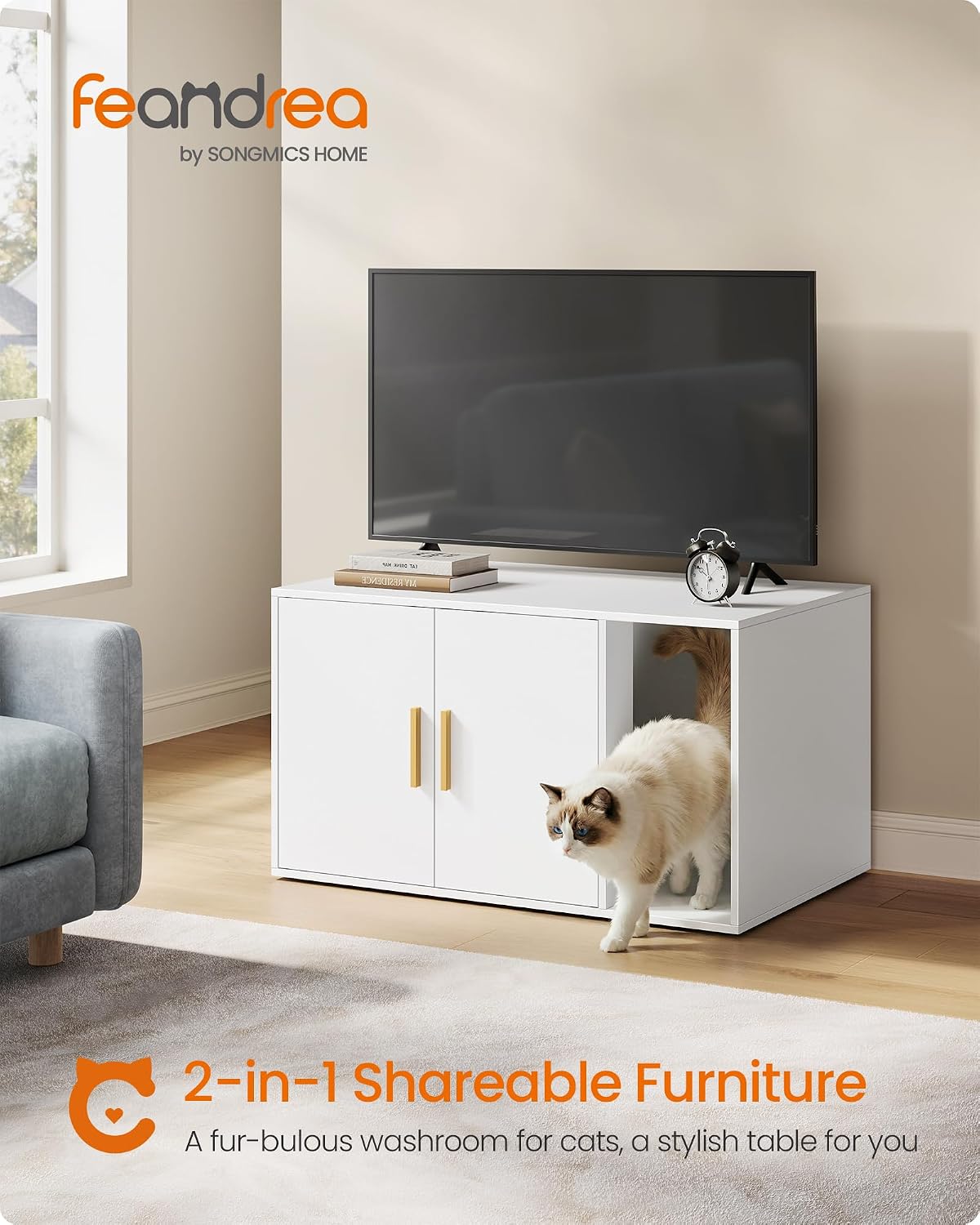 Feandrea Cat Litter Box Enclosure, Modern Hidden Litter Box Furniture, Front Entry, Double Doors, Indoor Pet House, Living Room Side End Table, 31.5 x 19.7 x 17.7 Inches, Cloud White UPCL020WB01S