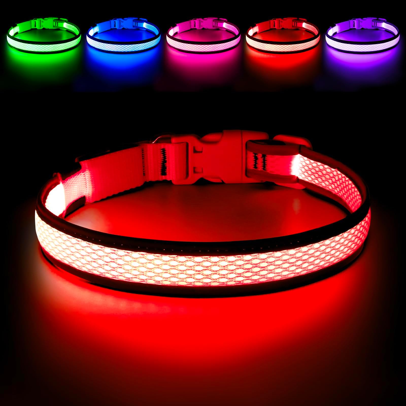 Flashseen LED Dog Collar, Light Up Dog Collar USB Rechargeable, Brightest Dog Lights for Night Walking, Adjustable Dog Collar Light for Dog Safety (Red, Small)