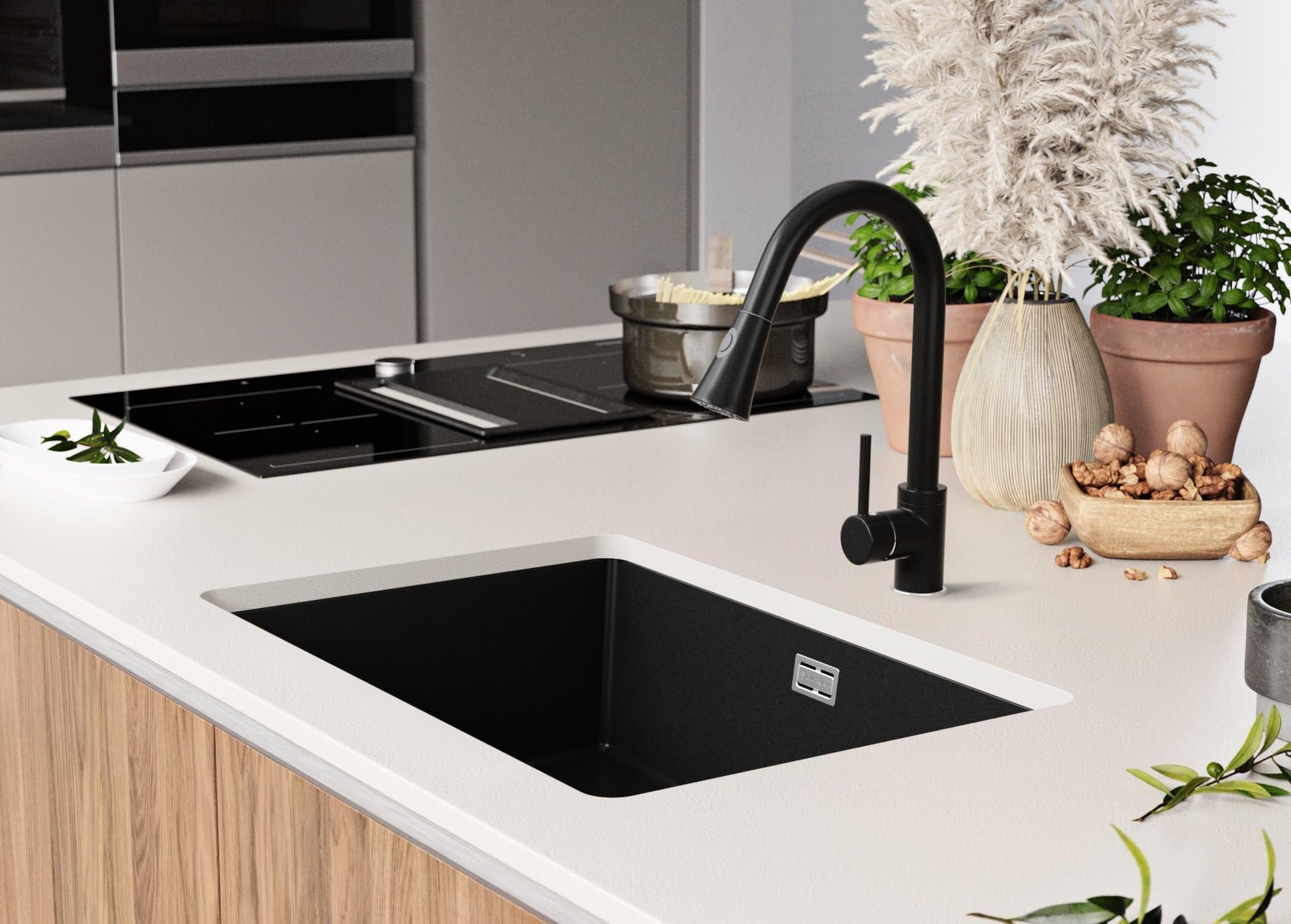 PRIMAGRAN Fregadero bajo Encimera Todo Negro - London, 66x47cm | Cocina 1 Seno + Zuberhor-Set, Granito al Mueble 70cm (S439)