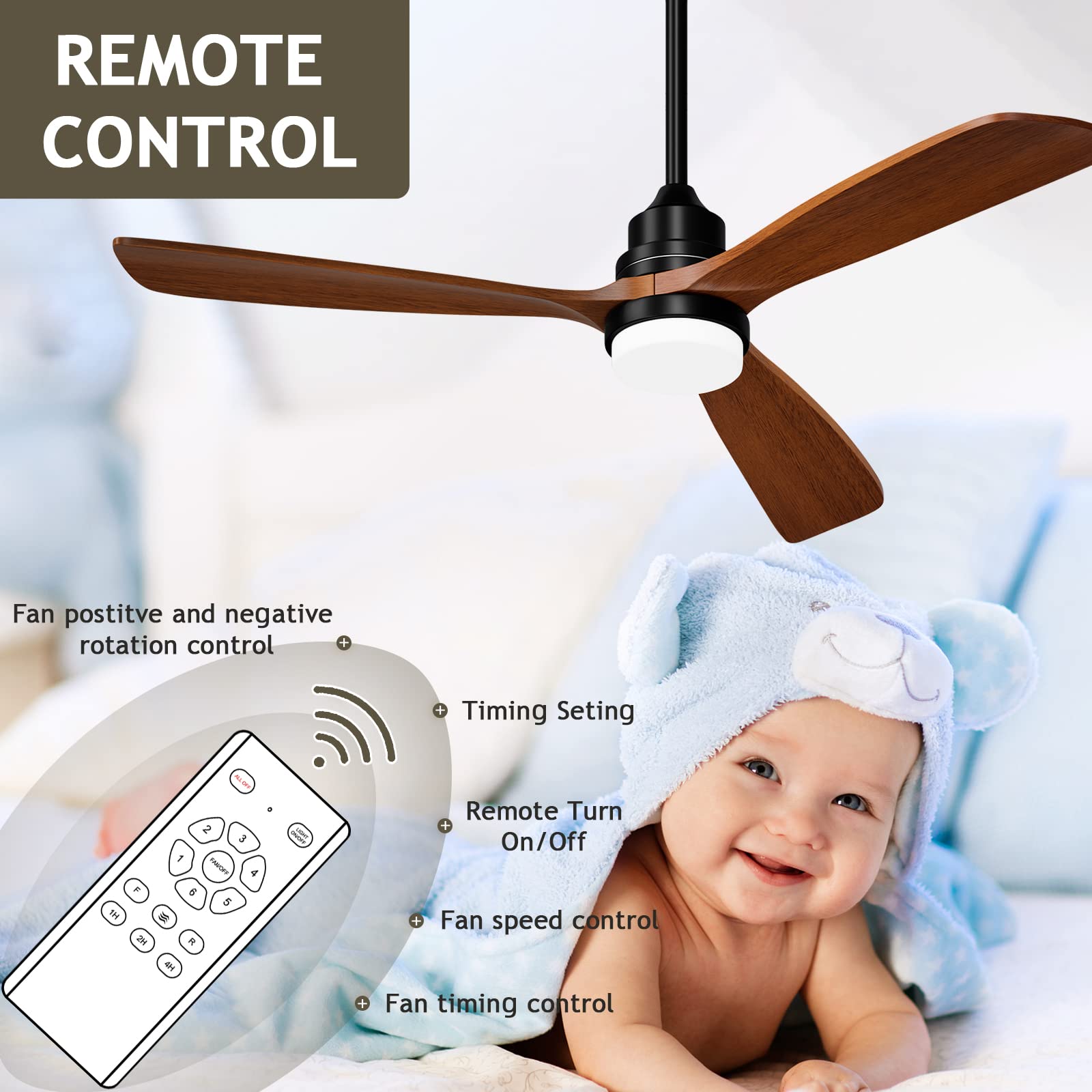 CLUGOJ 52" Ceiling Fans with Lights Remote Control, Indoor Outdoor Wood Ceiling Fan Matte Black Reversible DC Motor for Patio Living Room, Bedroom, Office