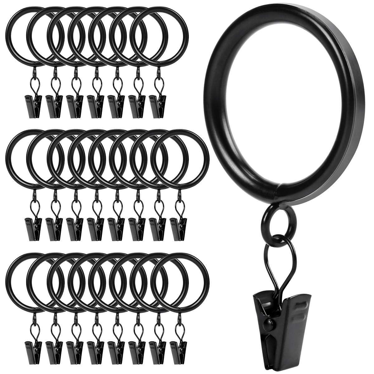 Lot de 24 anneaux de rideau avec clips - Diamètre intérieur : 3,8 cm - Convient pour une tringle jusqu'à 3,1 cm - Noir